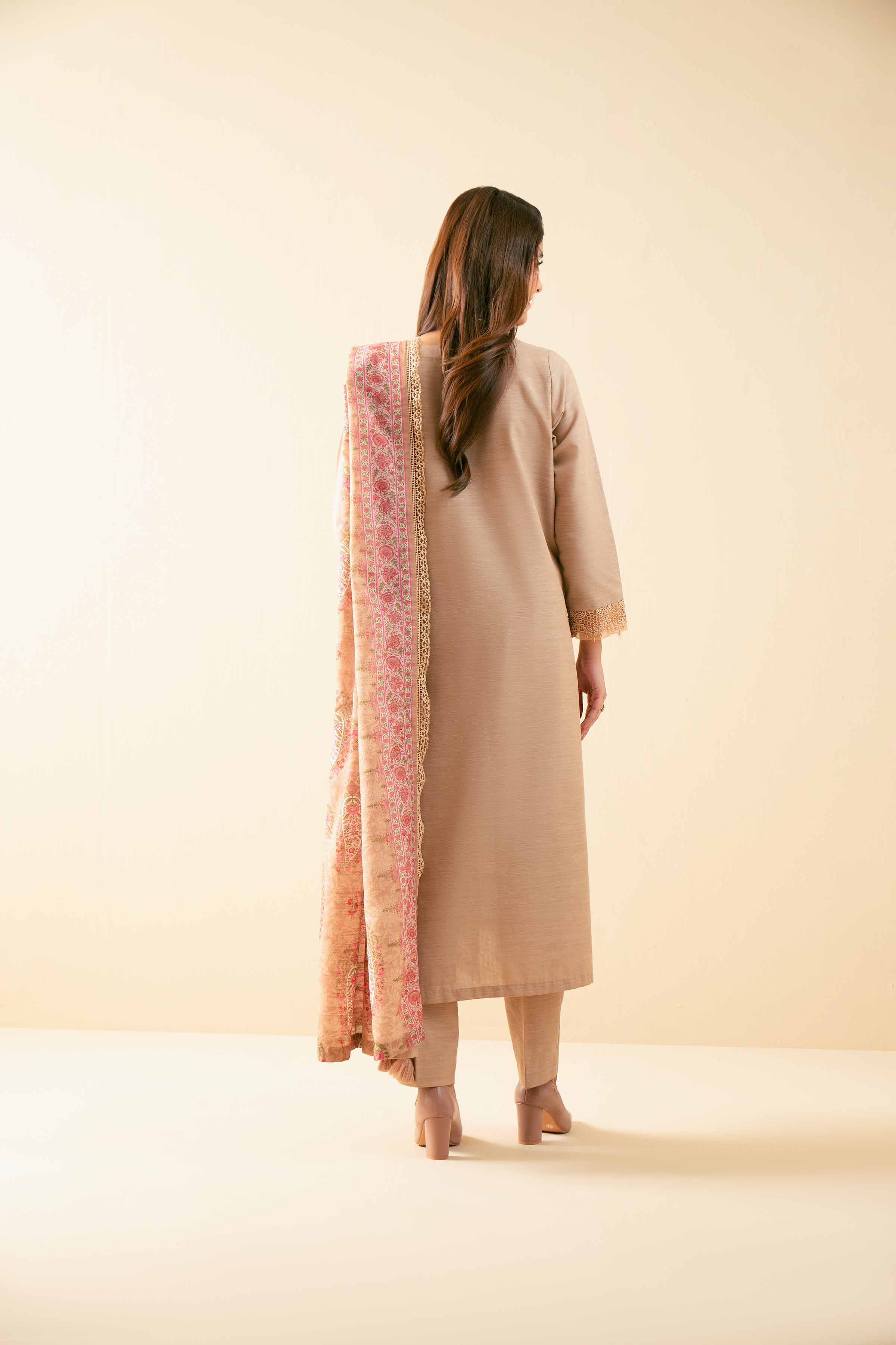 NISHATUAE - Beige Embroidered Khaddar 3-piece Unstitched Suit