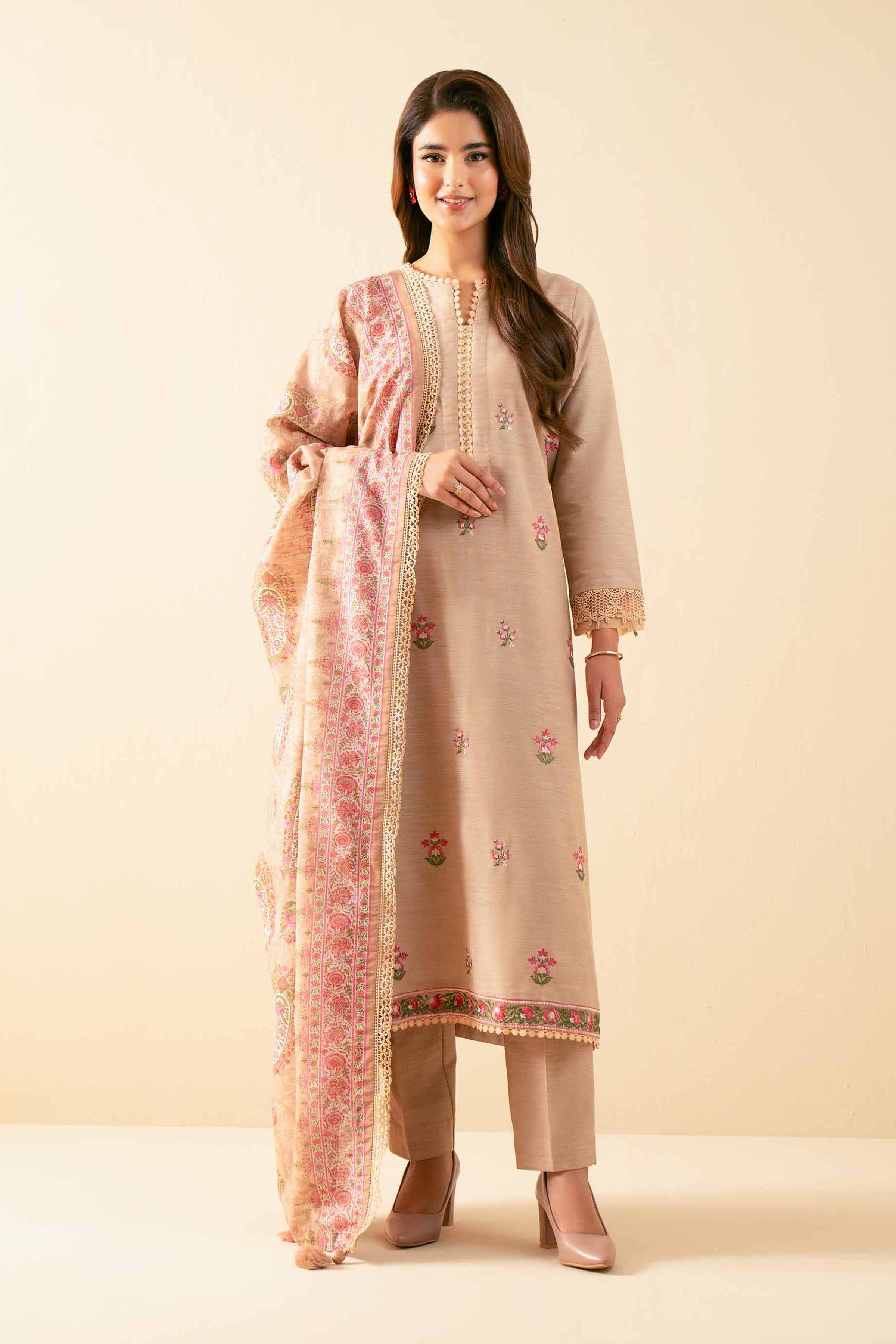 NISHATUAE - Beige Embroidered Khaddar 3-piece Unstitched Suit