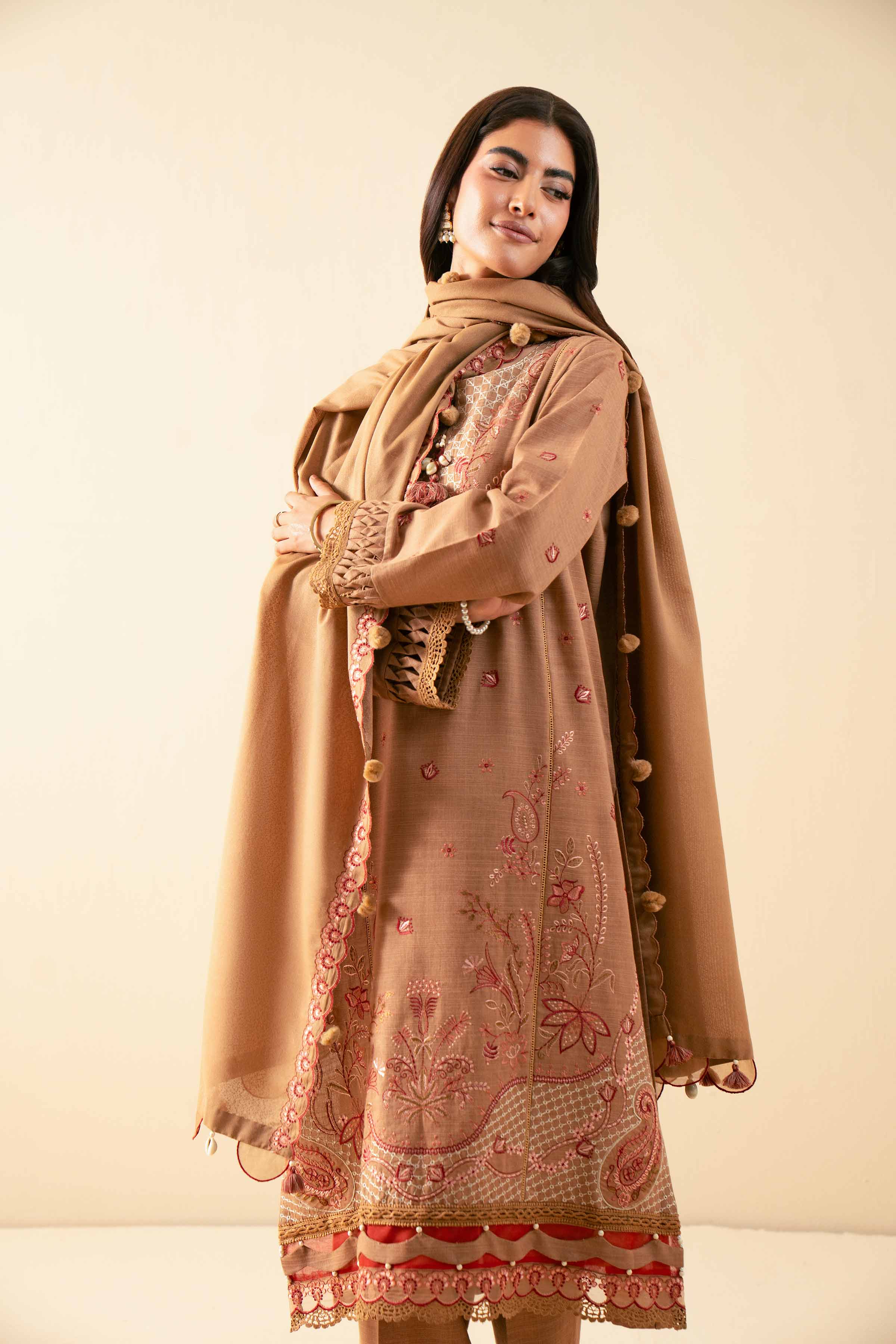 NISHATUAE - Beige Embroidered Khaddar 3-piece Unstitched Suit