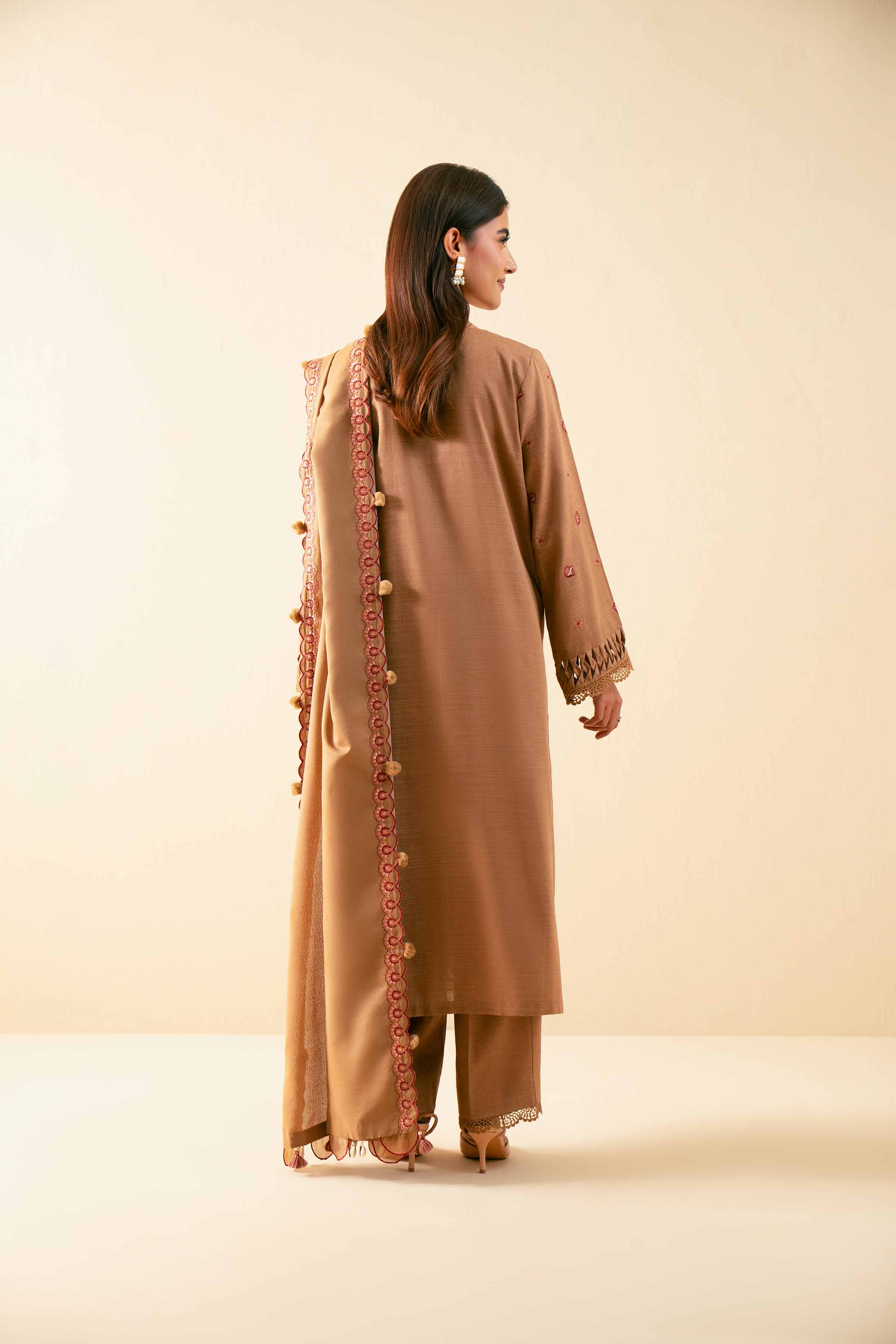 NISHATUAE - Beige Embroidered Khaddar 3-piece Unstitched Suit