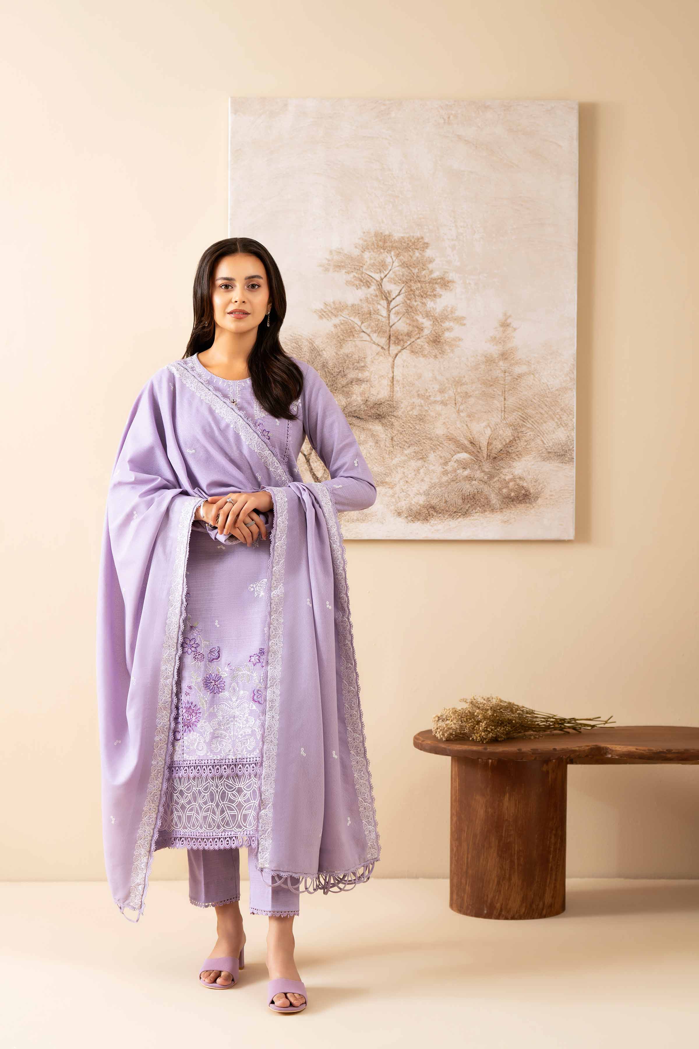 NISHATUAE - Purple Embroidered Khaddar 3-piece Unstitched Suit