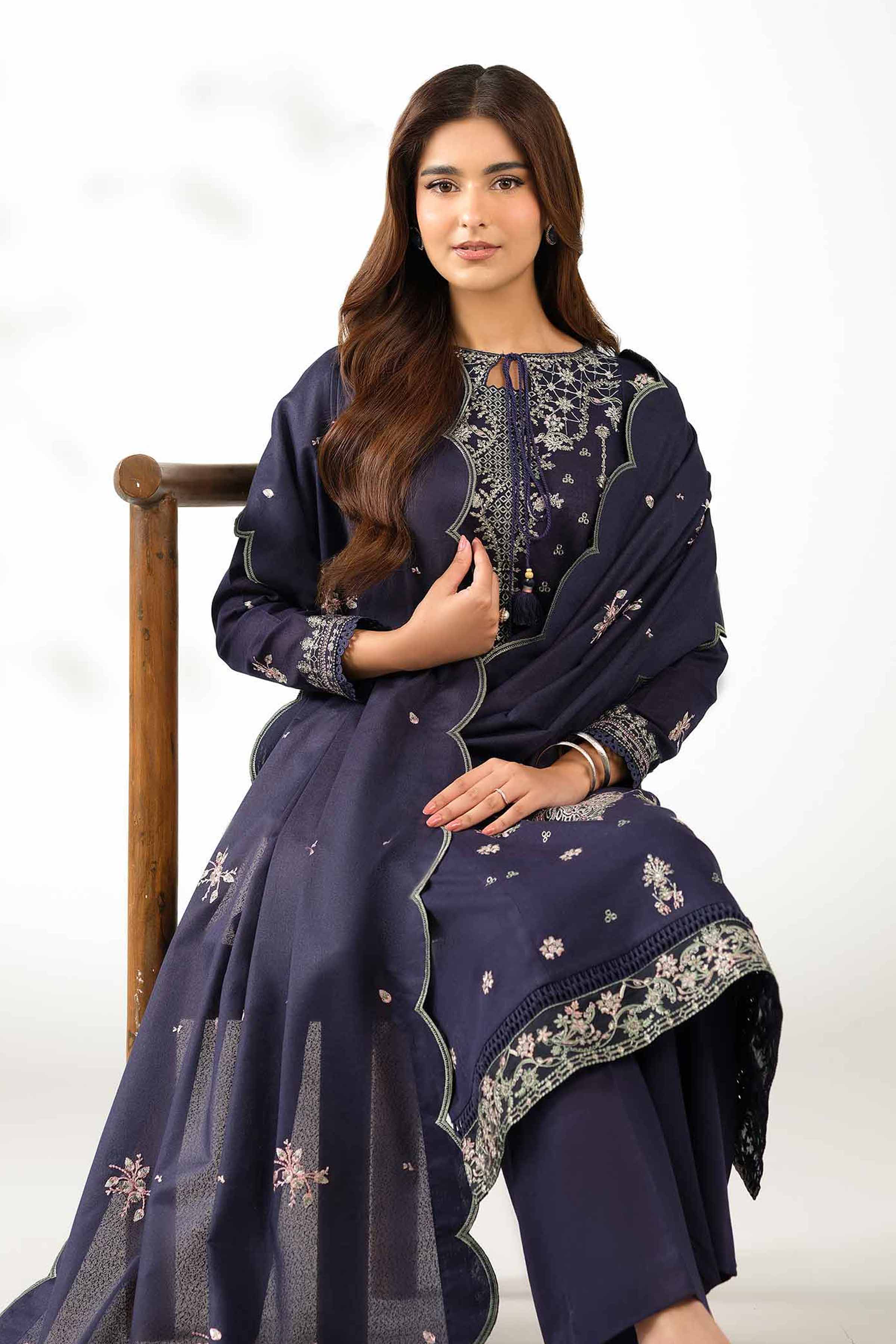 NISHATUAE - Blue Embroidered Khaddar 3-piece Unstitched Suit