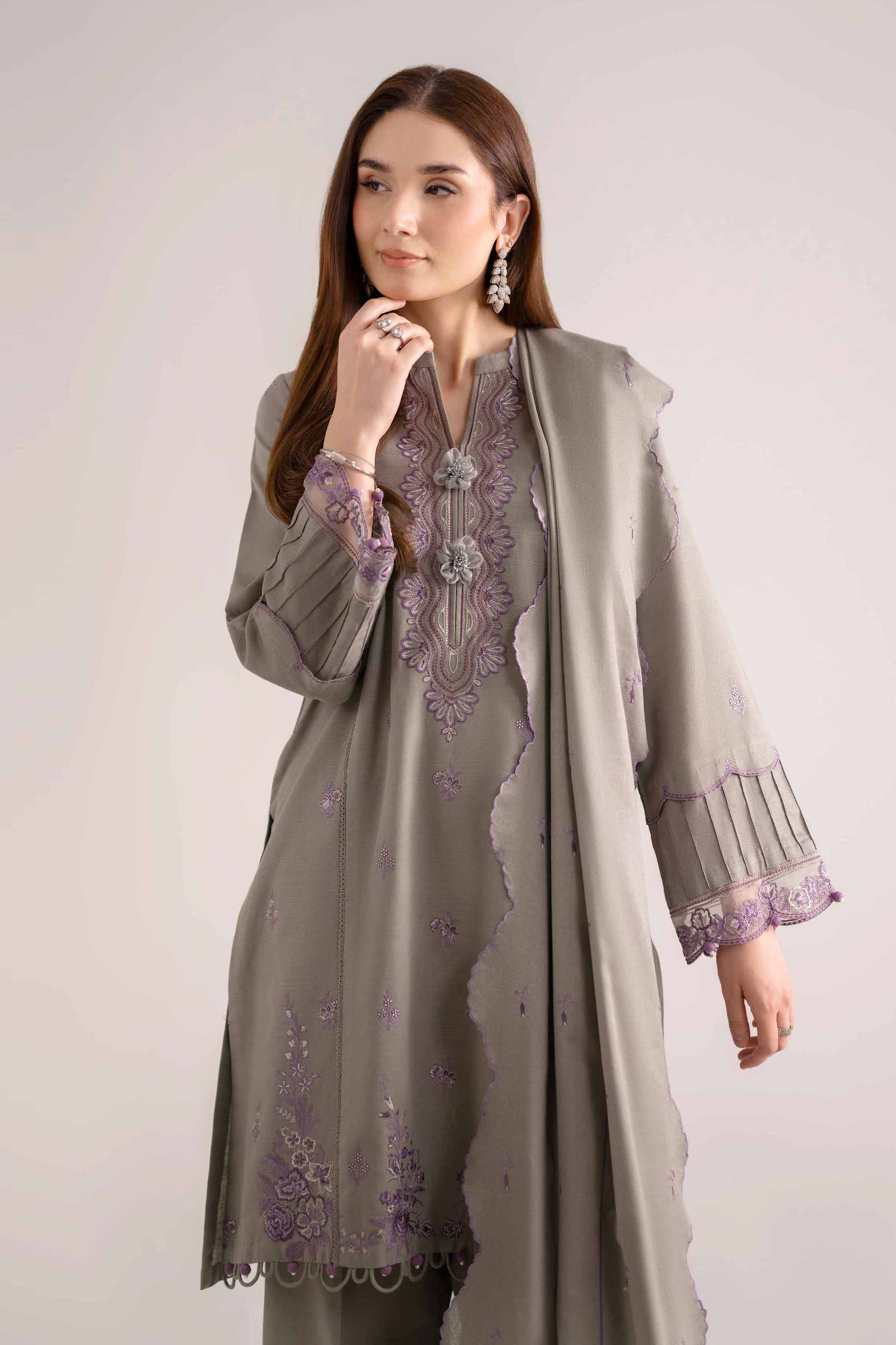 NISHATUAE - Grey Embroidered Khaddar 3-piece Unstitched Suit