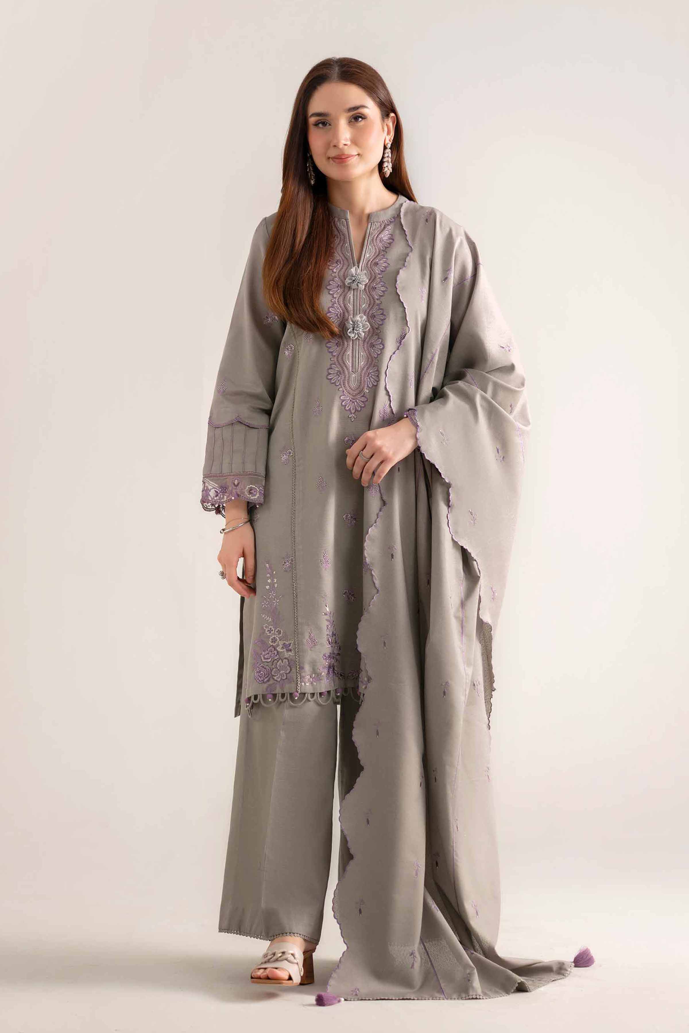 NISHATUAE - Grey Embroidered Khaddar 3-piece Unstitched Suit