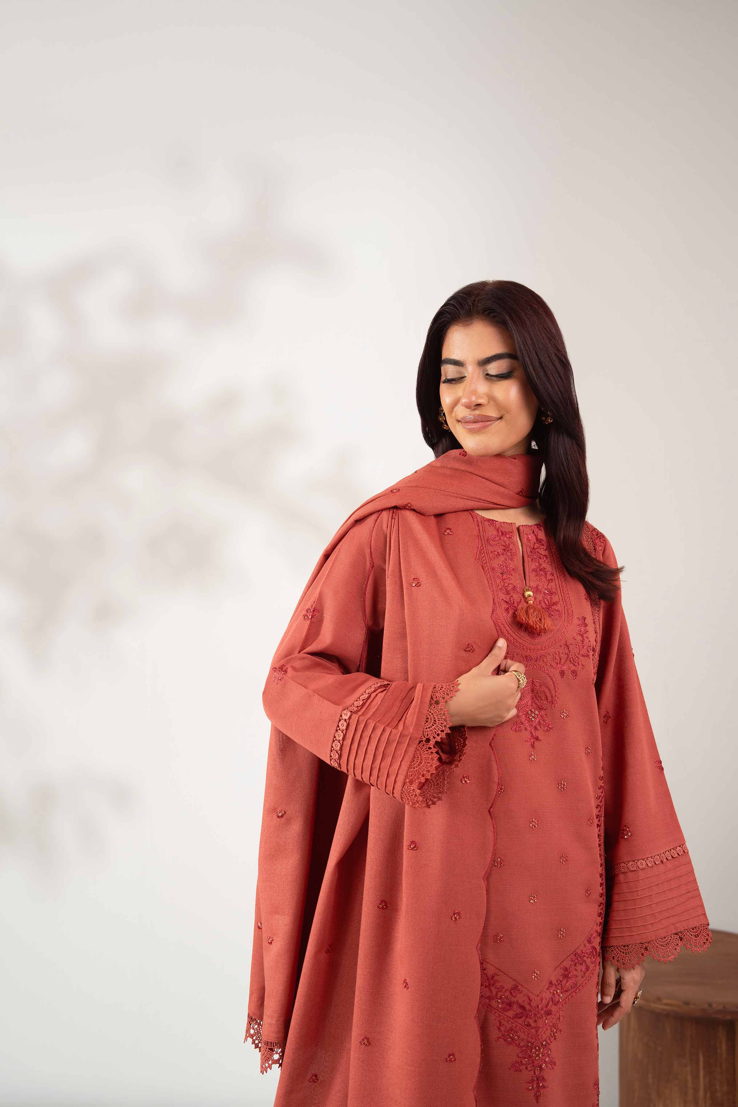 NISHATUAE - Rust Embroidered Khaddar 3-piece Unstitched Suit