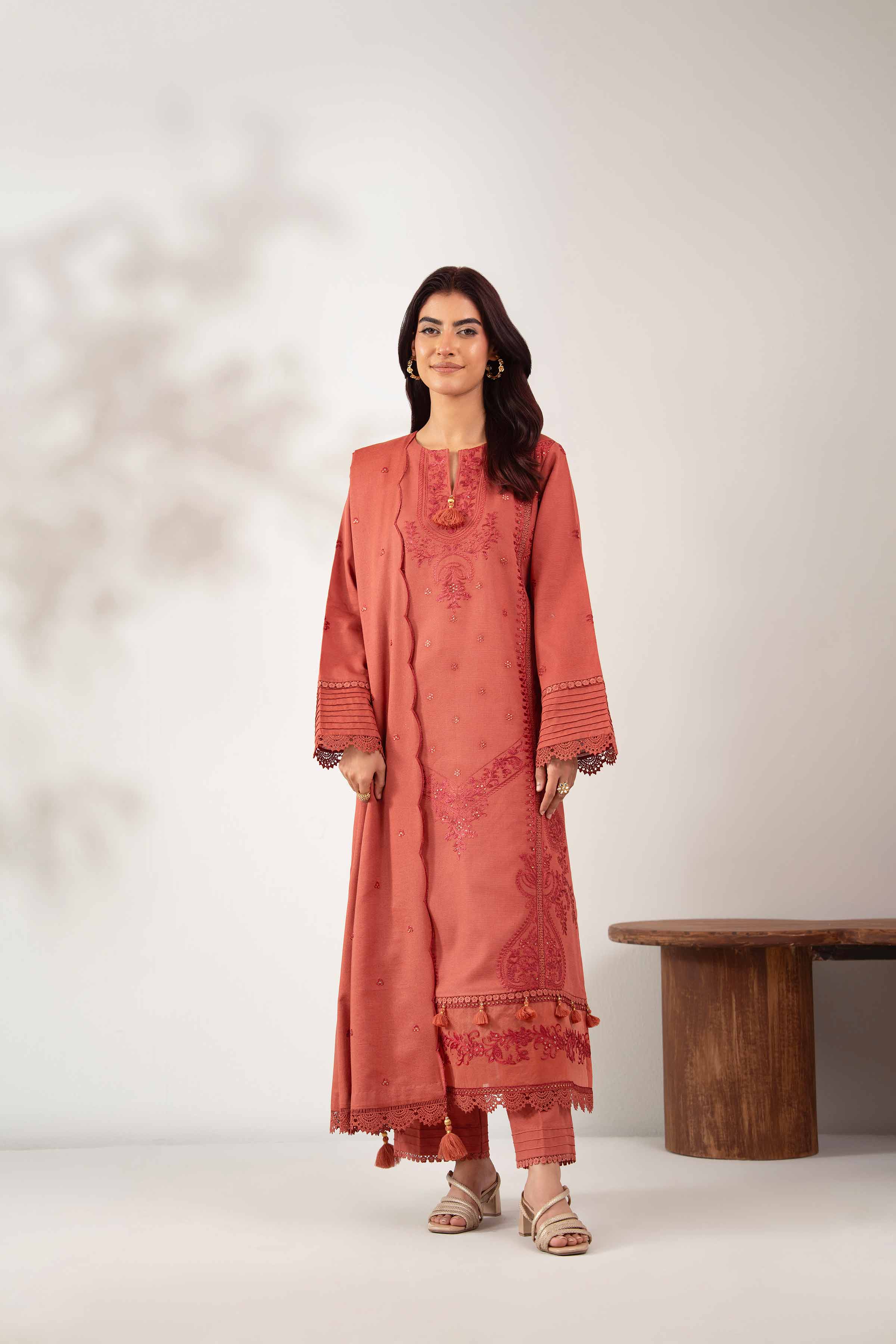 NISHATUAE - Rust Embroidered Khaddar 3-piece Unstitched Suit