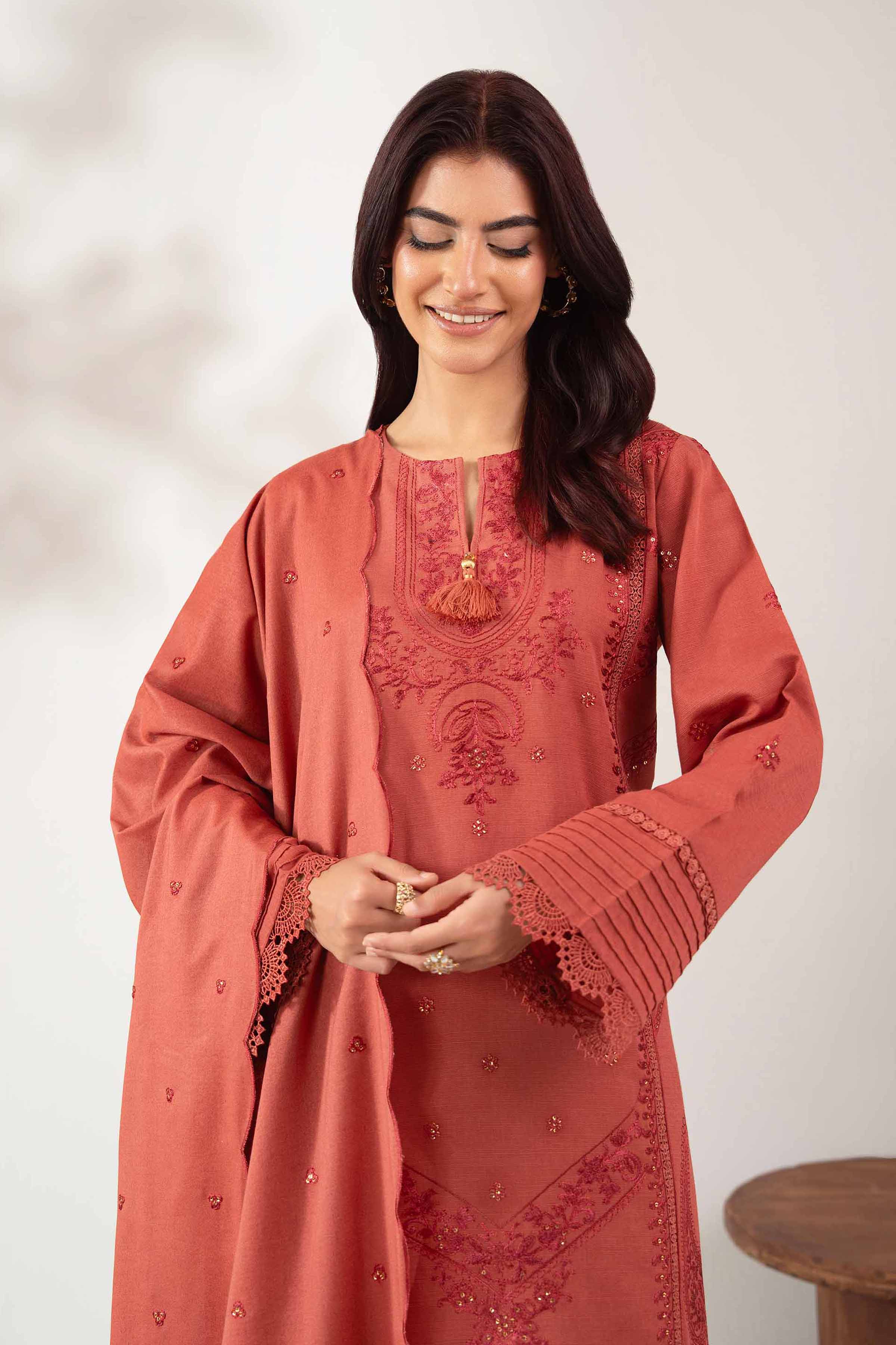 NISHATUAE - Rust Embroidered Khaddar 3-piece Unstitched Suit