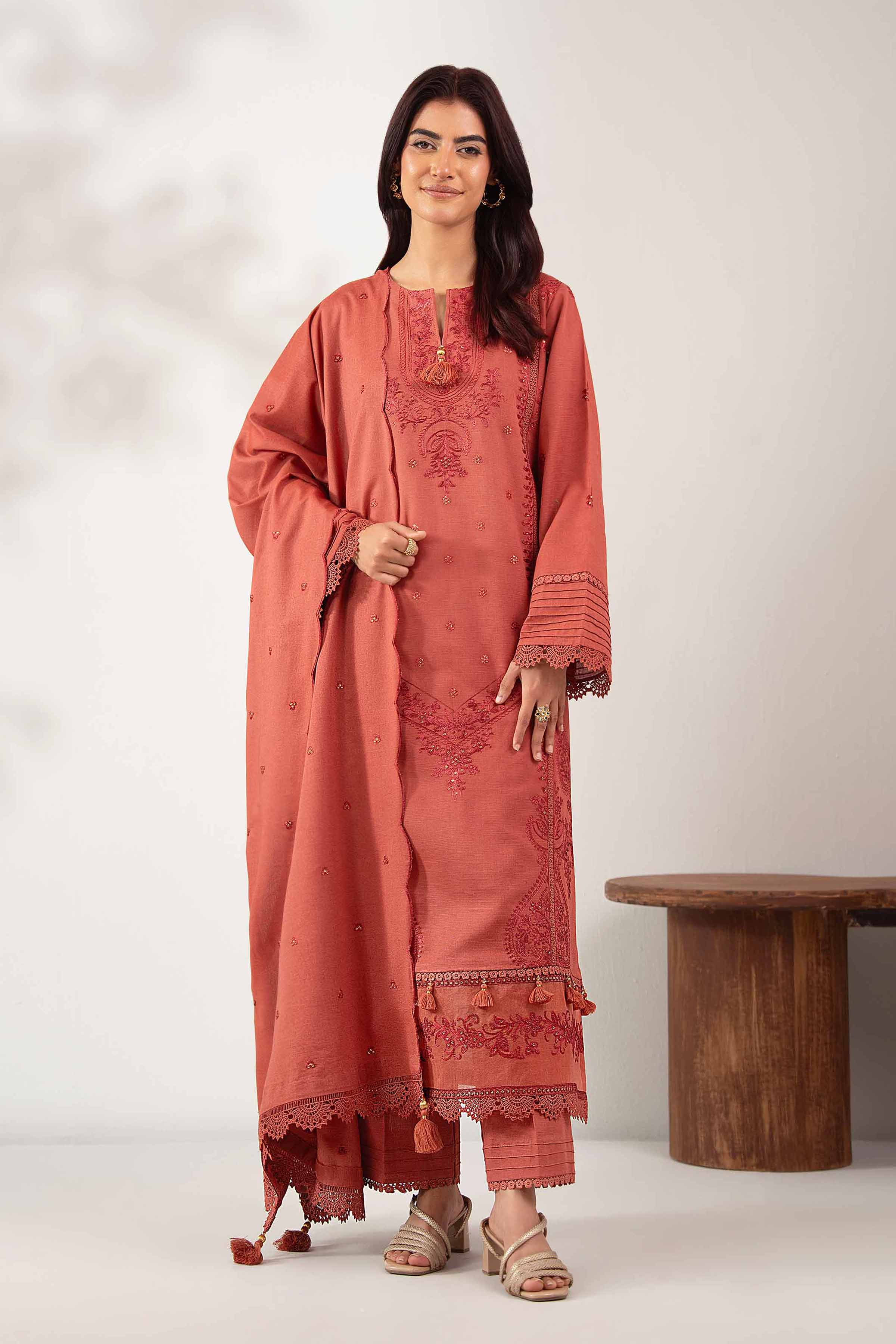 NISHATUAE - Rust Embroidered Khaddar 3-piece Unstitched Suit