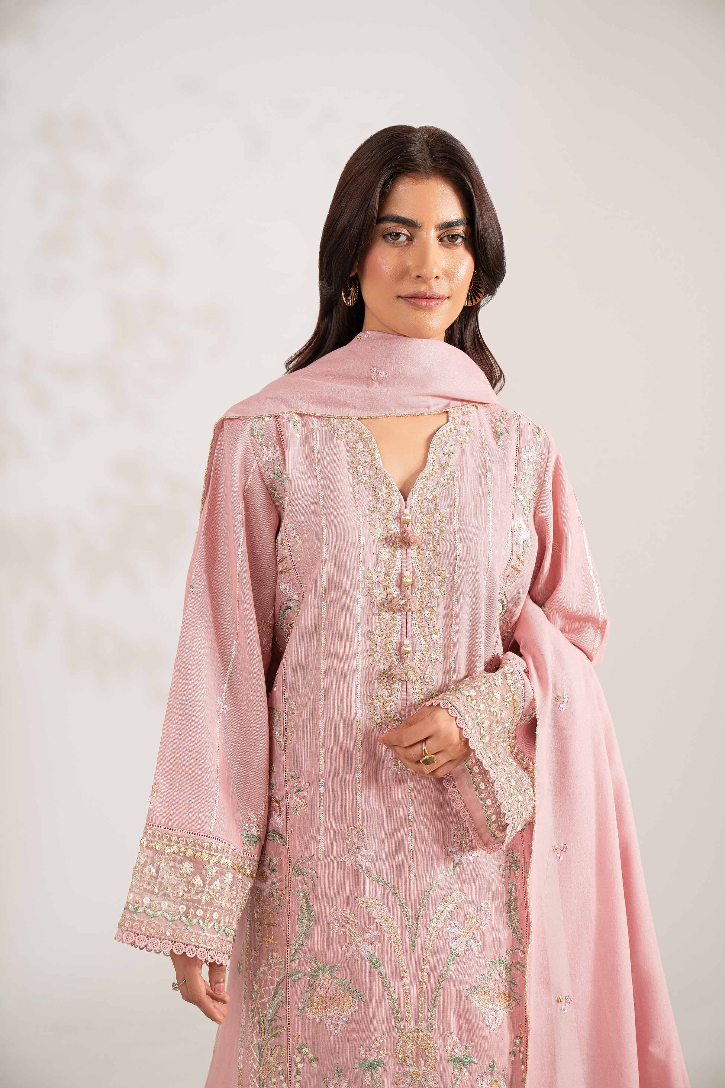 NISHATUAE - Pink Embroidered Khaddar 3-piece Unstitched Suit