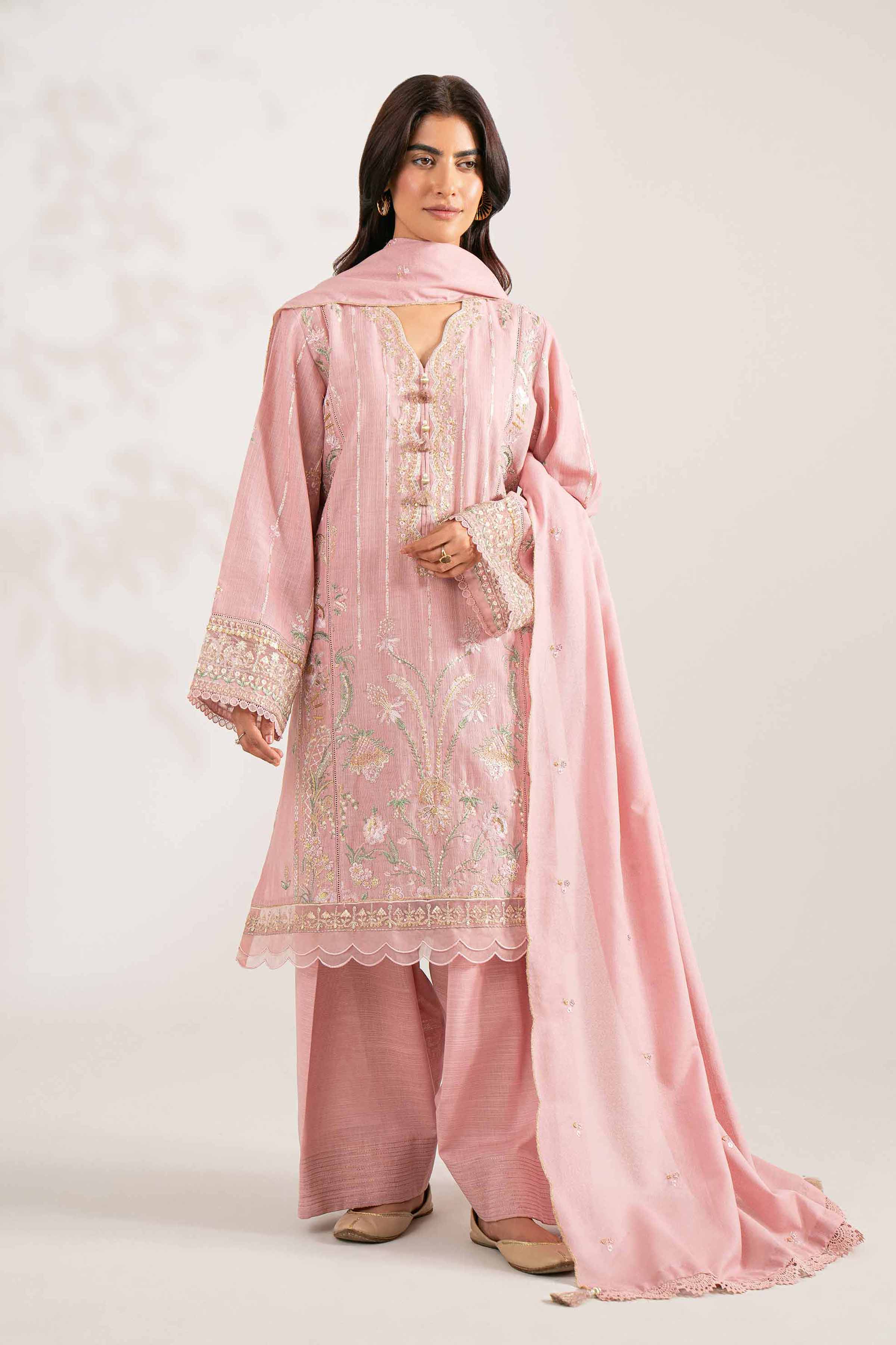 NISHATUAE - Pink Embroidered Khaddar 3-piece Unstitched Suit