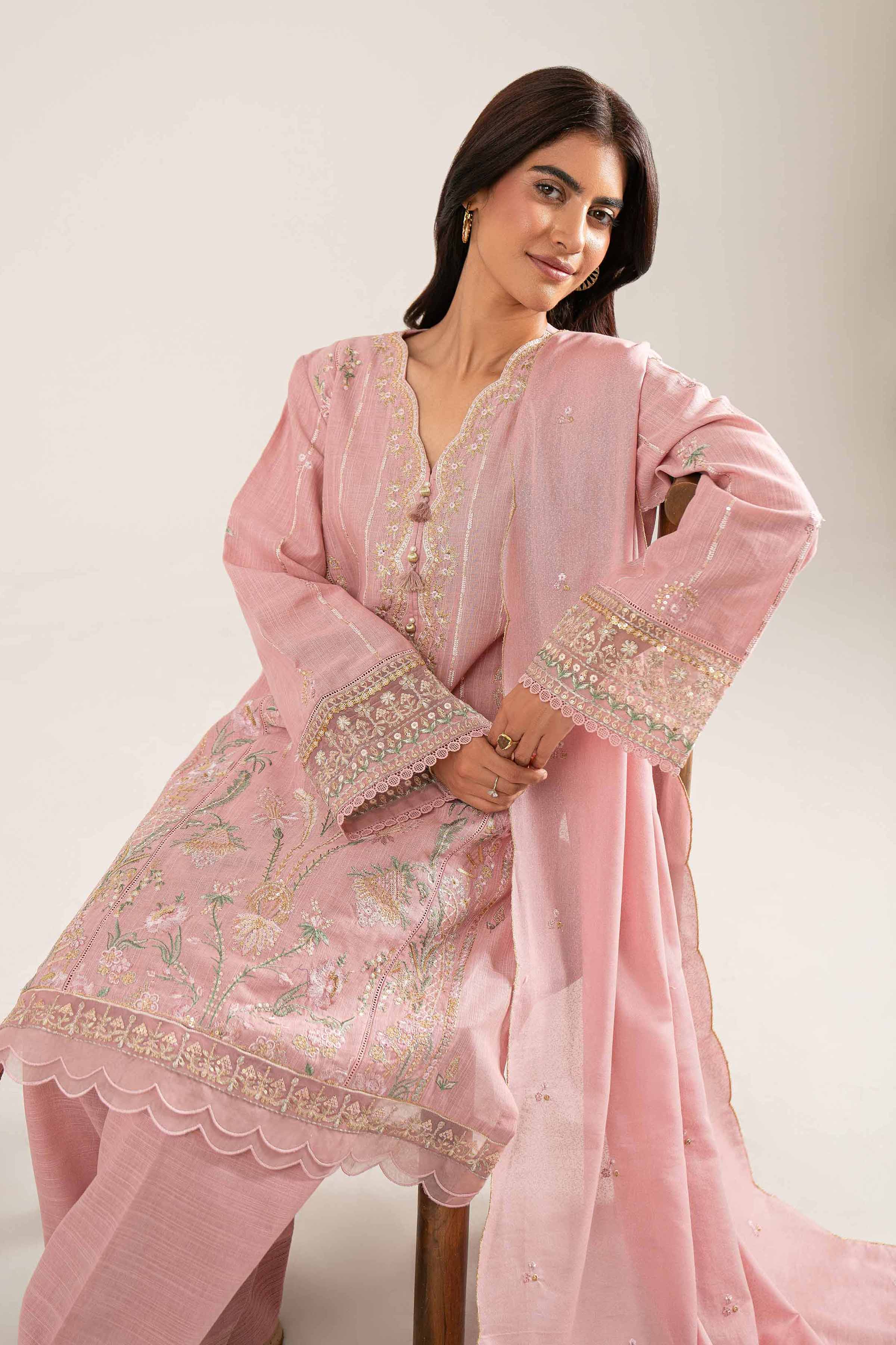 NISHATUAE - Pink Embroidered Khaddar 3-piece Unstitched Suit