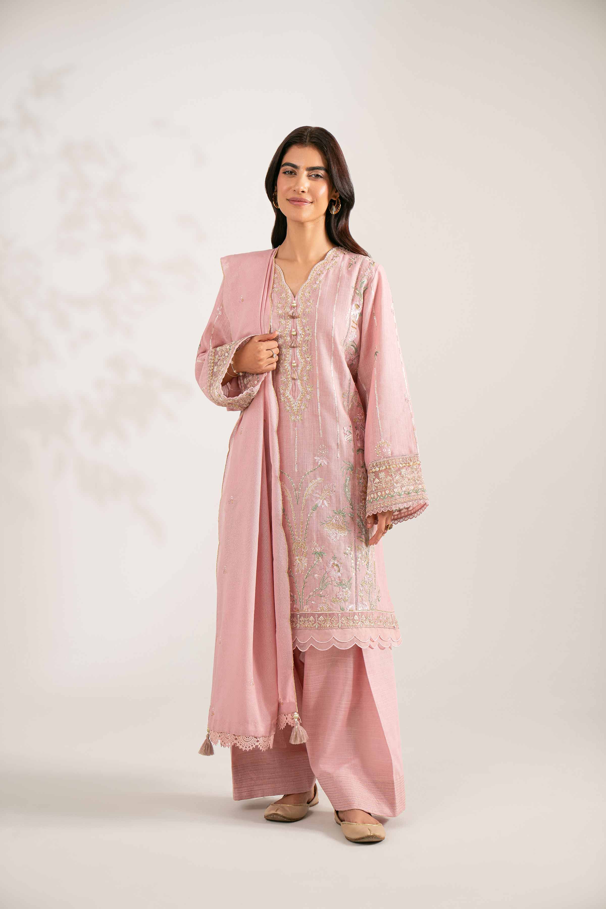 NISHATUAE - Pink Embroidered Khaddar 3-piece Unstitched Suit