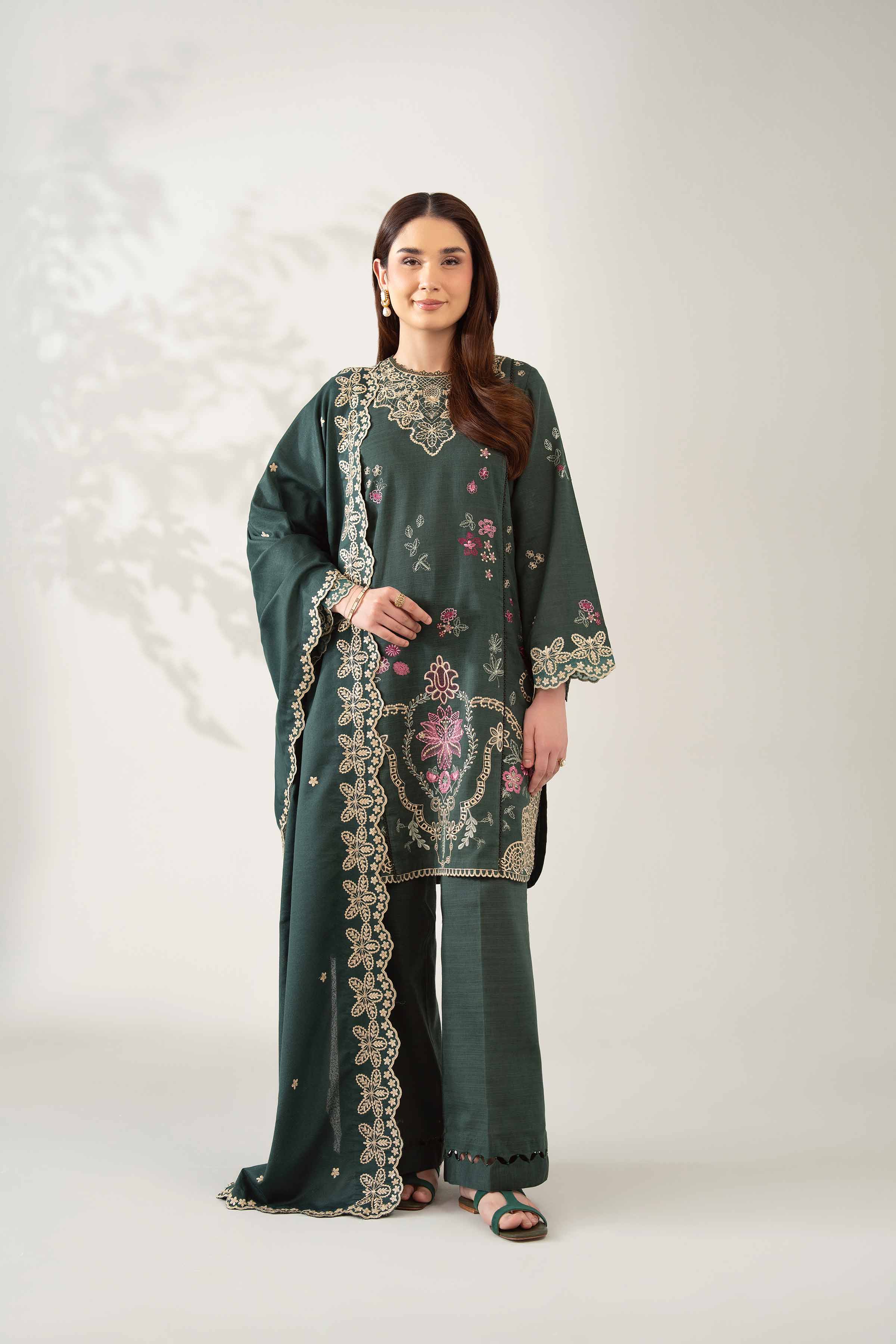 NISHATUAE - Green Embroidered Khaddar 3-piece Unstitched Suit