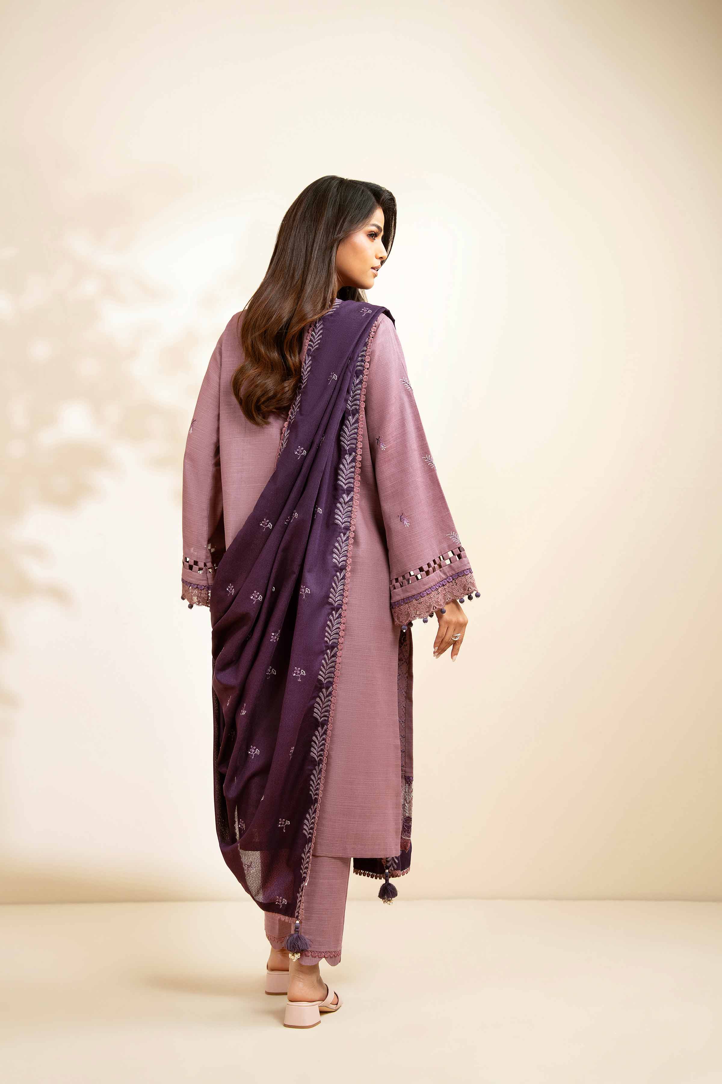 NISHATUAE - Mauve Embroidered Khaddar 3-piece Unstitched Suit