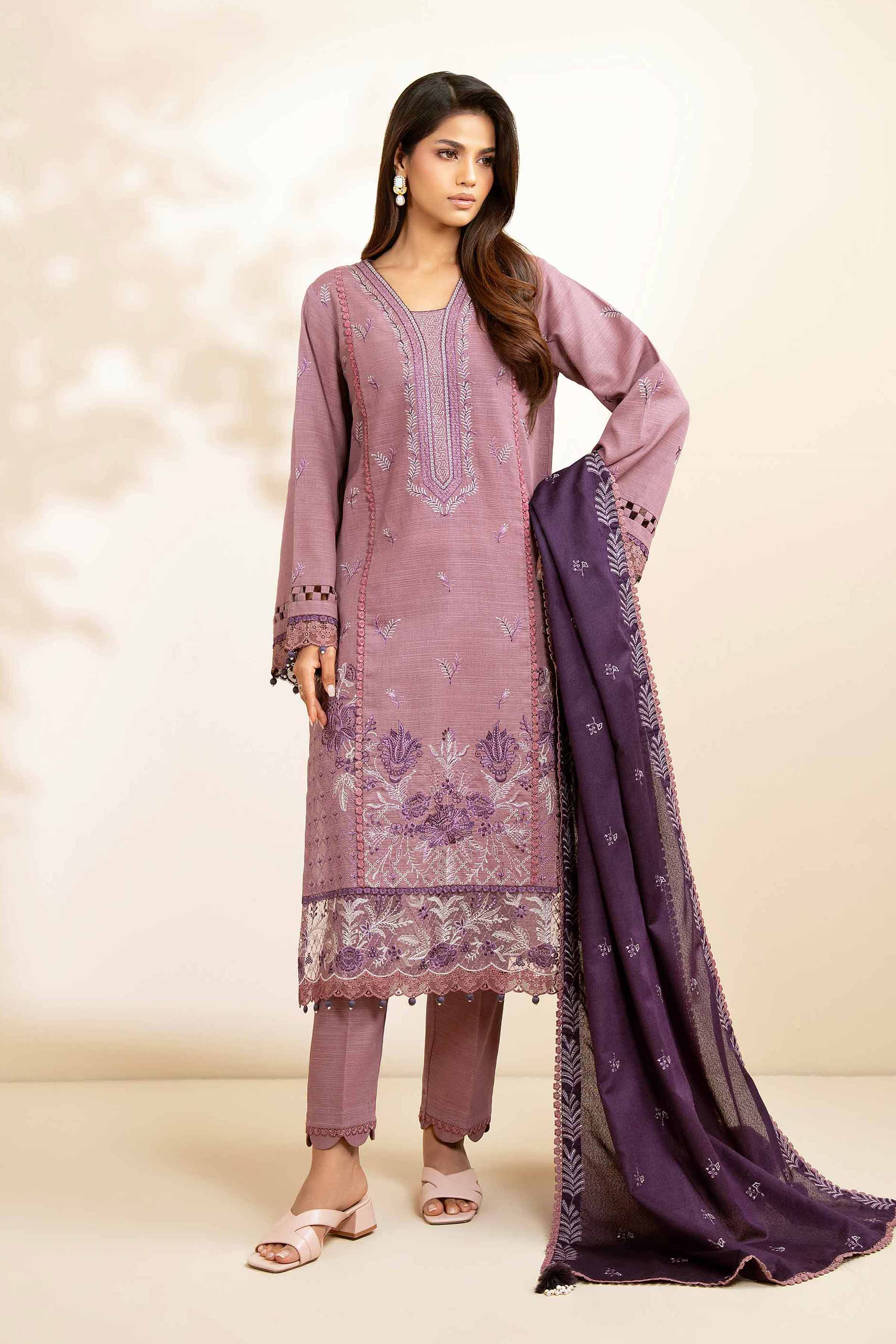 NISHATUAE - Mauve Embroidered Khaddar 3-piece Unstitched Suit