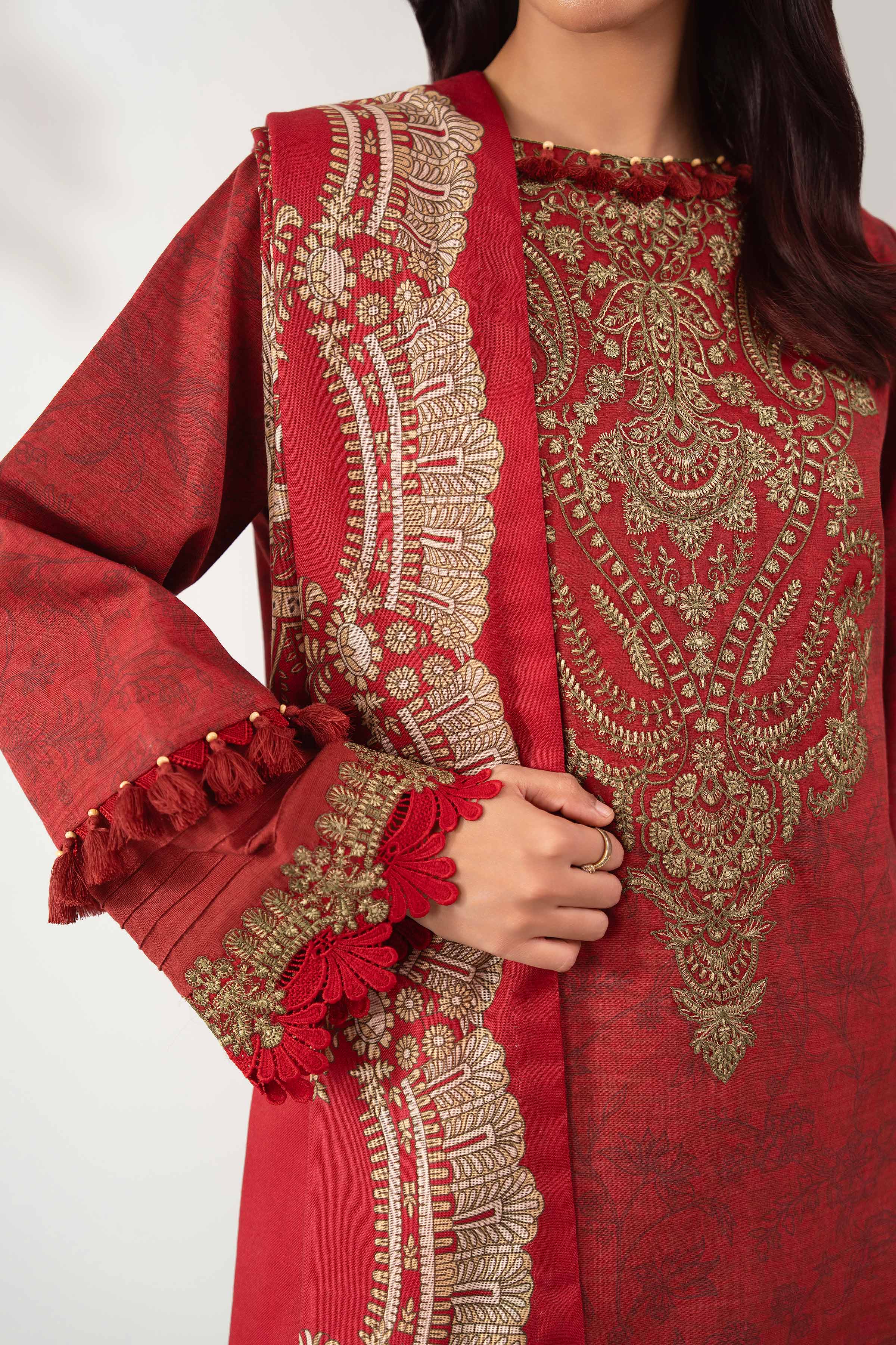 NISHATUAE - Maroon Embroidered Khaddar 3-piece Unstitched Suit
