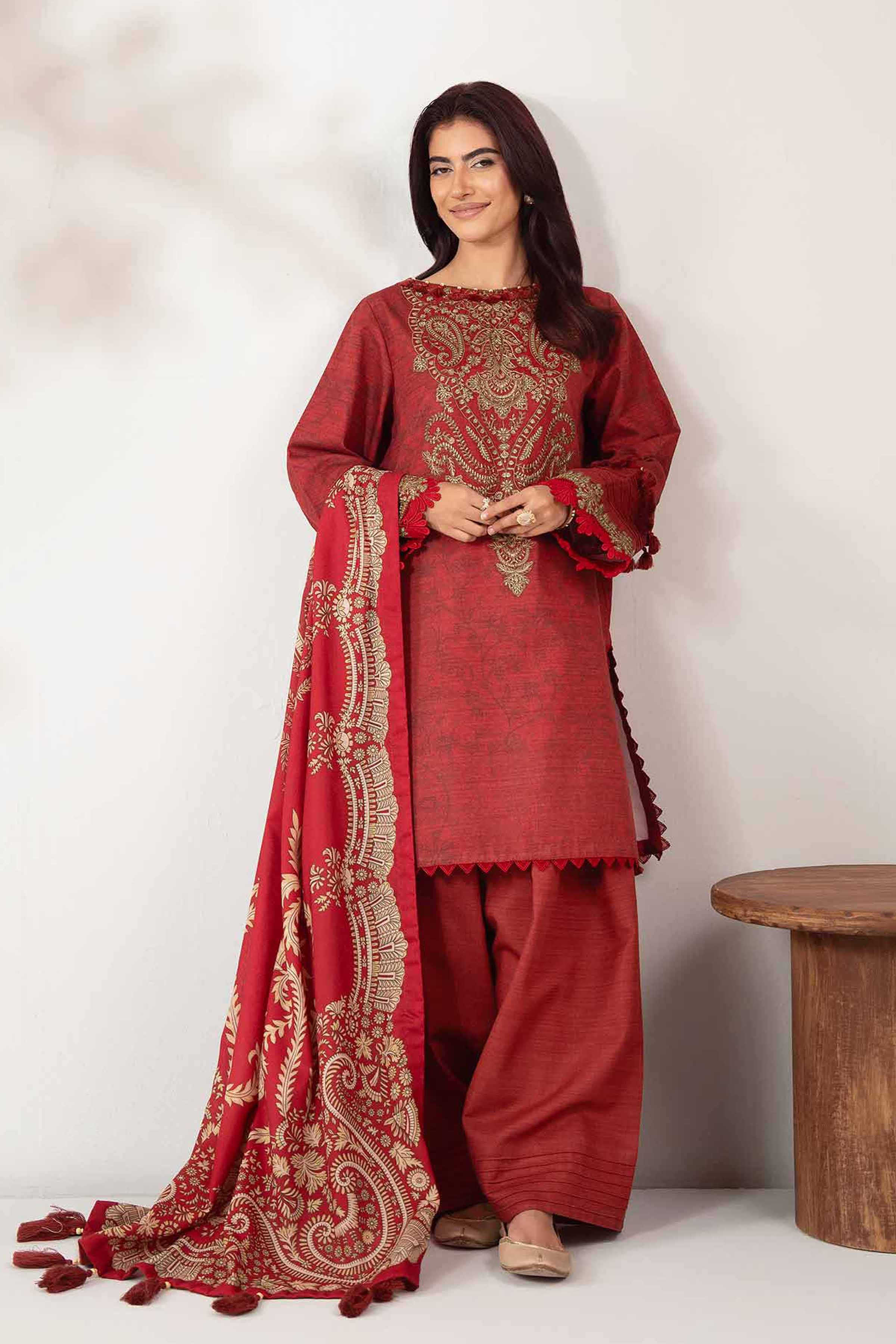 NISHATUAE - Maroon Embroidered Khaddar 3-piece Unstitched Suit