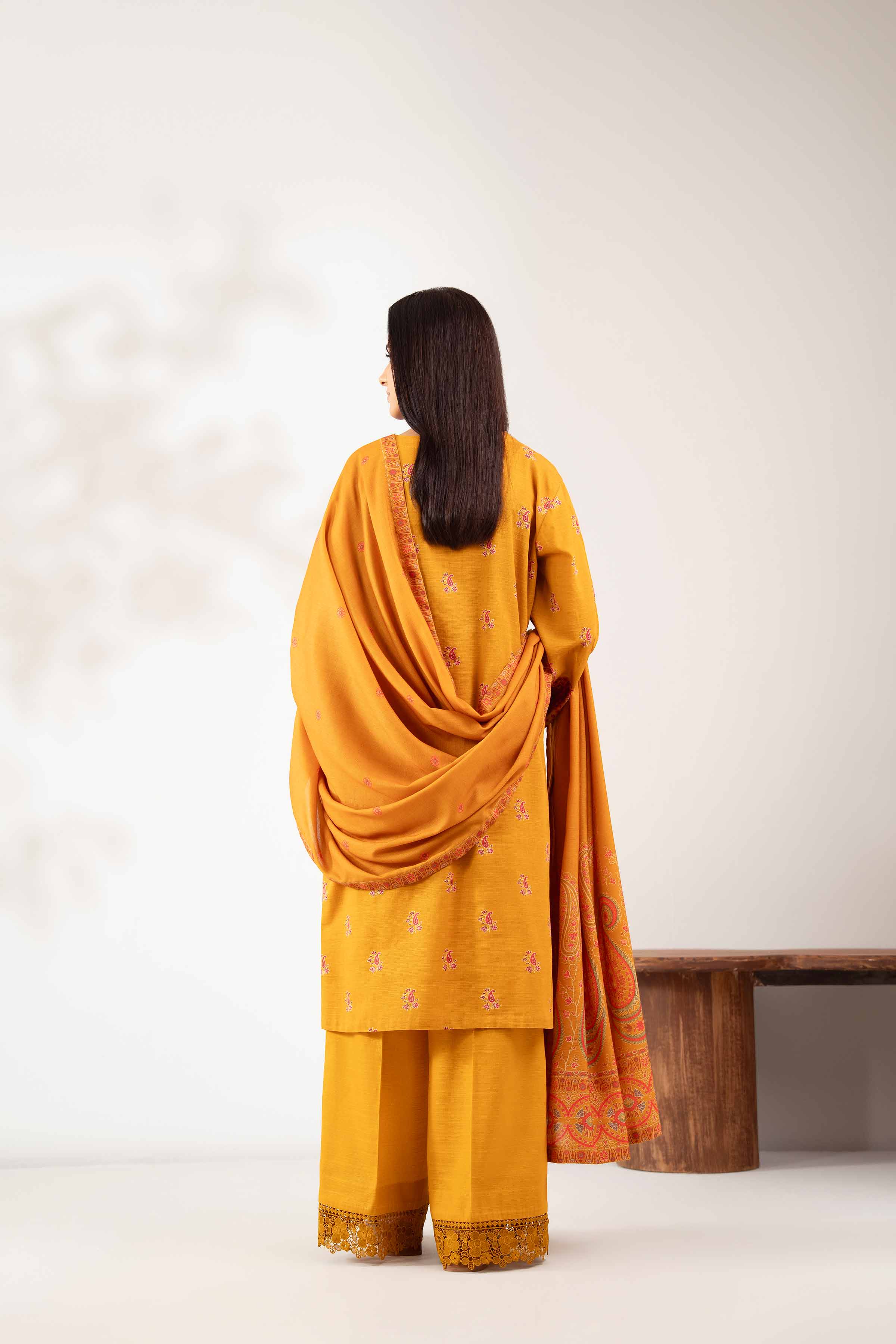 NISHATUAE - Mustard Embroidered Khaddar 3-piece Unstitched Suit