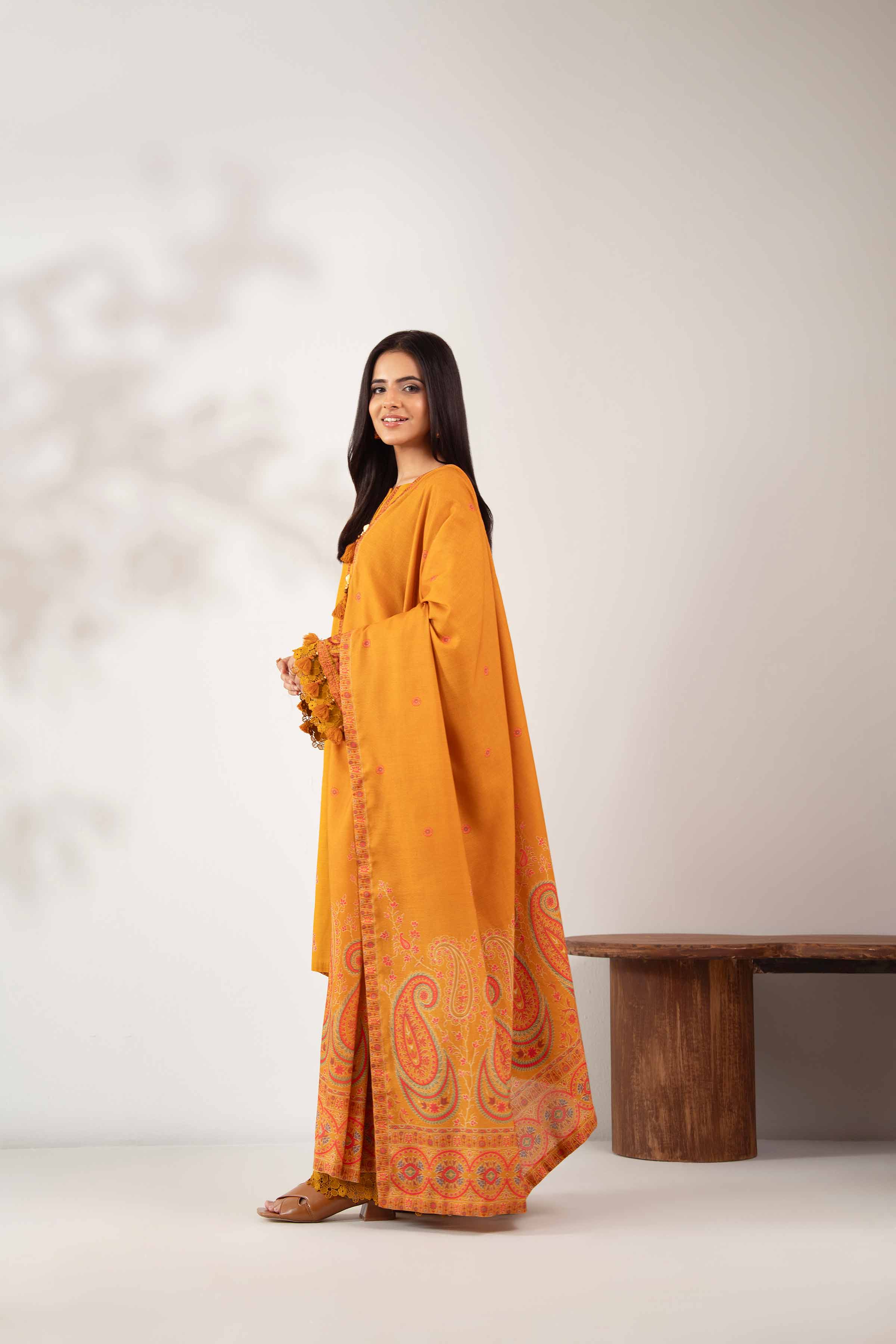 NISHATUAE - Mustard Embroidered Khaddar 3-piece Unstitched Suit