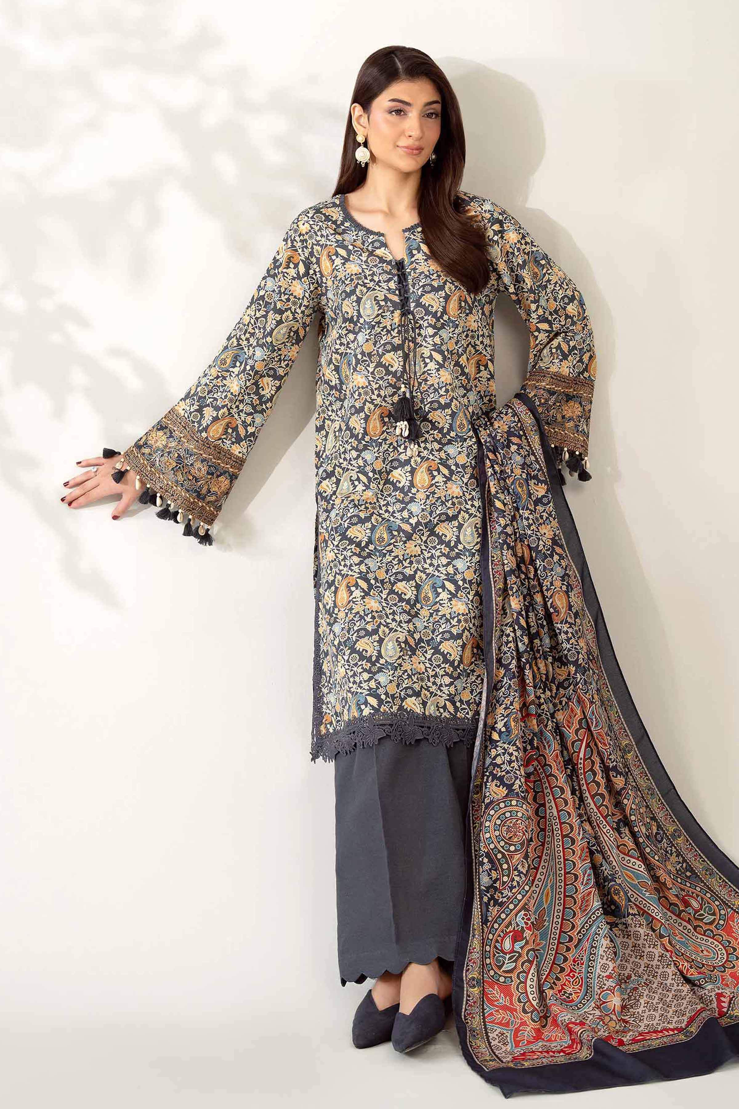 NISHATUAE - Black Embroidered Khaddar 3-piece Unstitched Suit