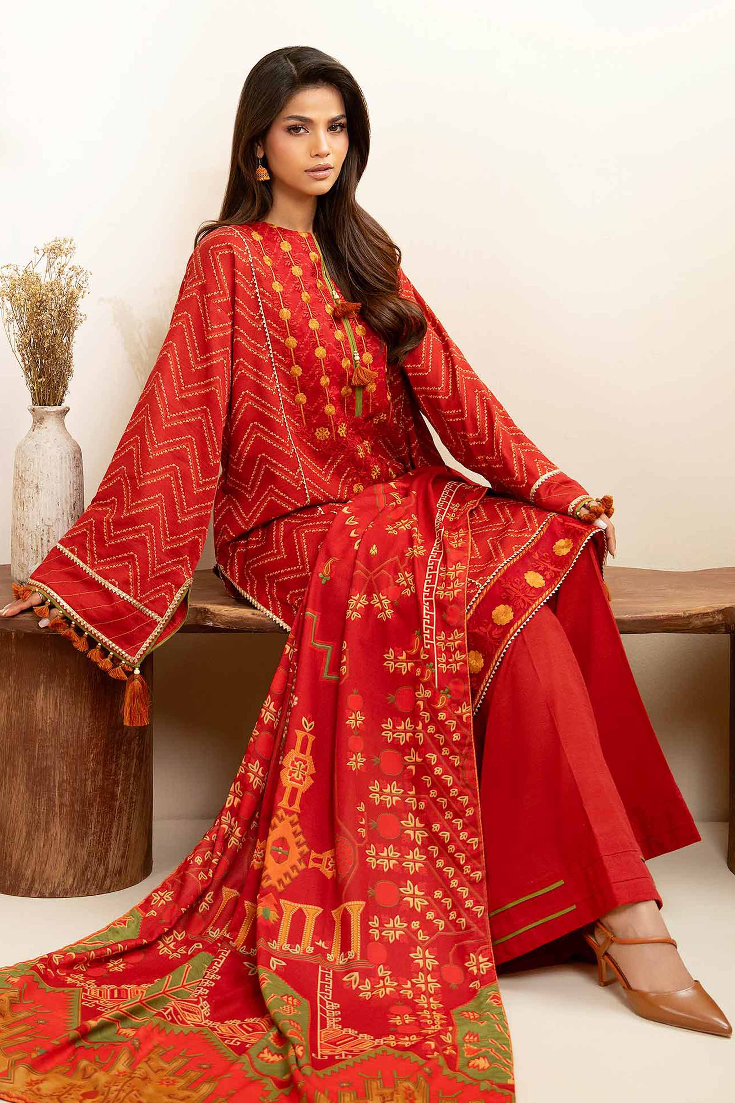 NISHATUAE - Red Embroidered Khaddar 3-piece Unstitched Suit
