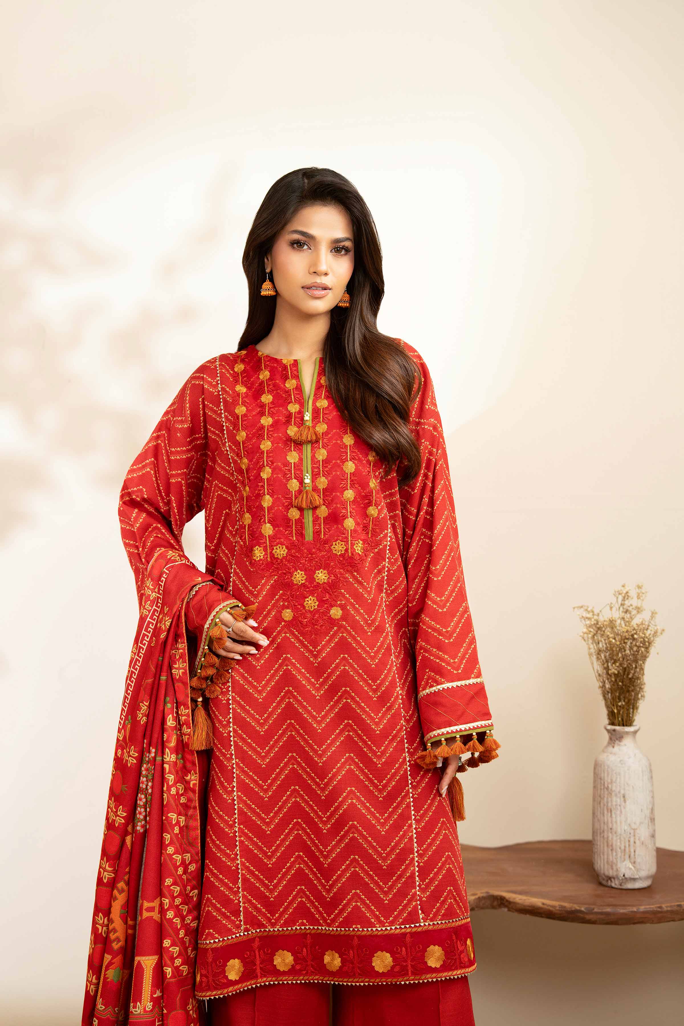 NISHATUAE - Red Embroidered Khaddar 3-piece Unstitched Suit