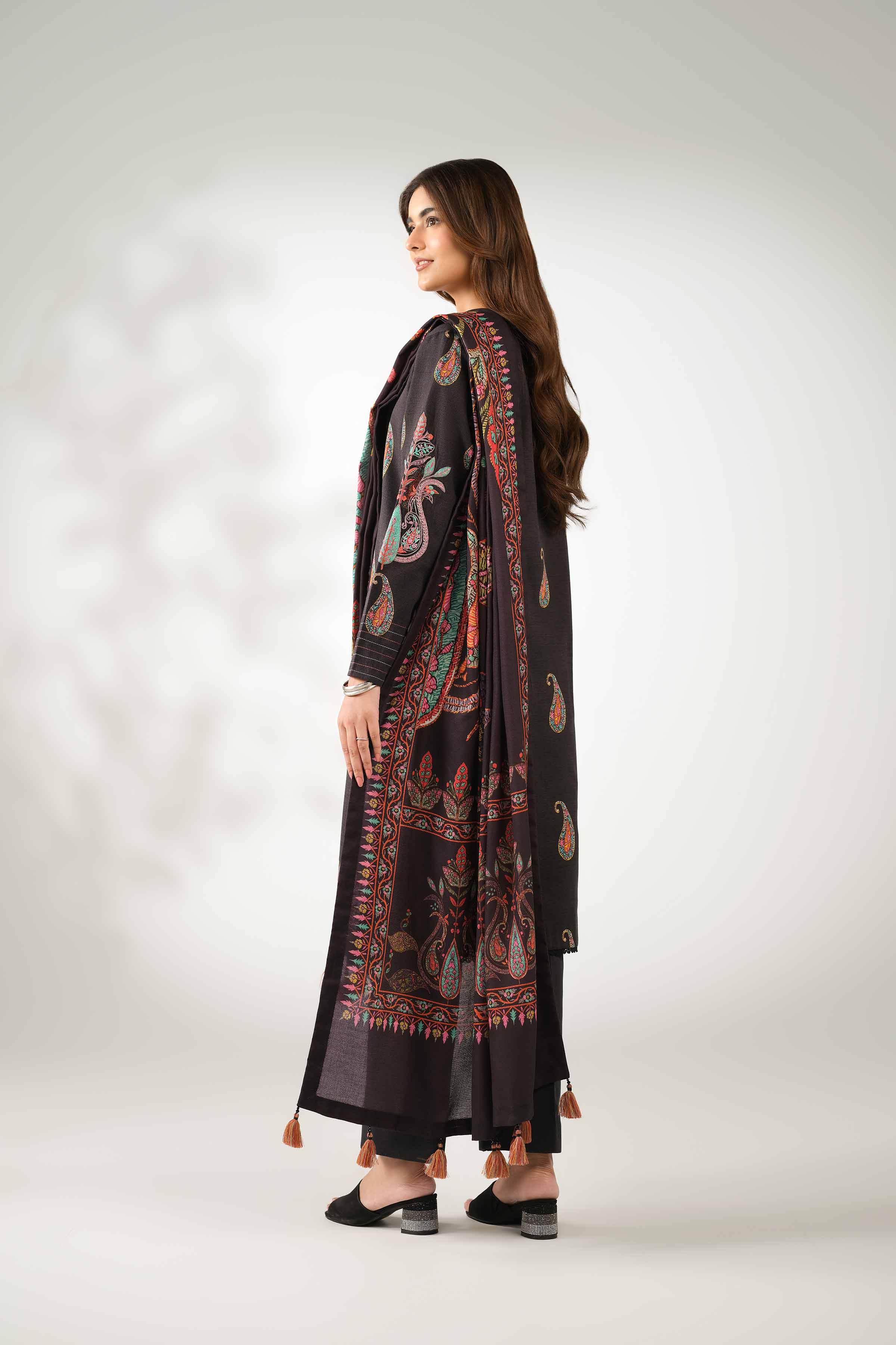 NISHATUAE - Black Embroidered Khaddar 3-piece Unstitched Suit