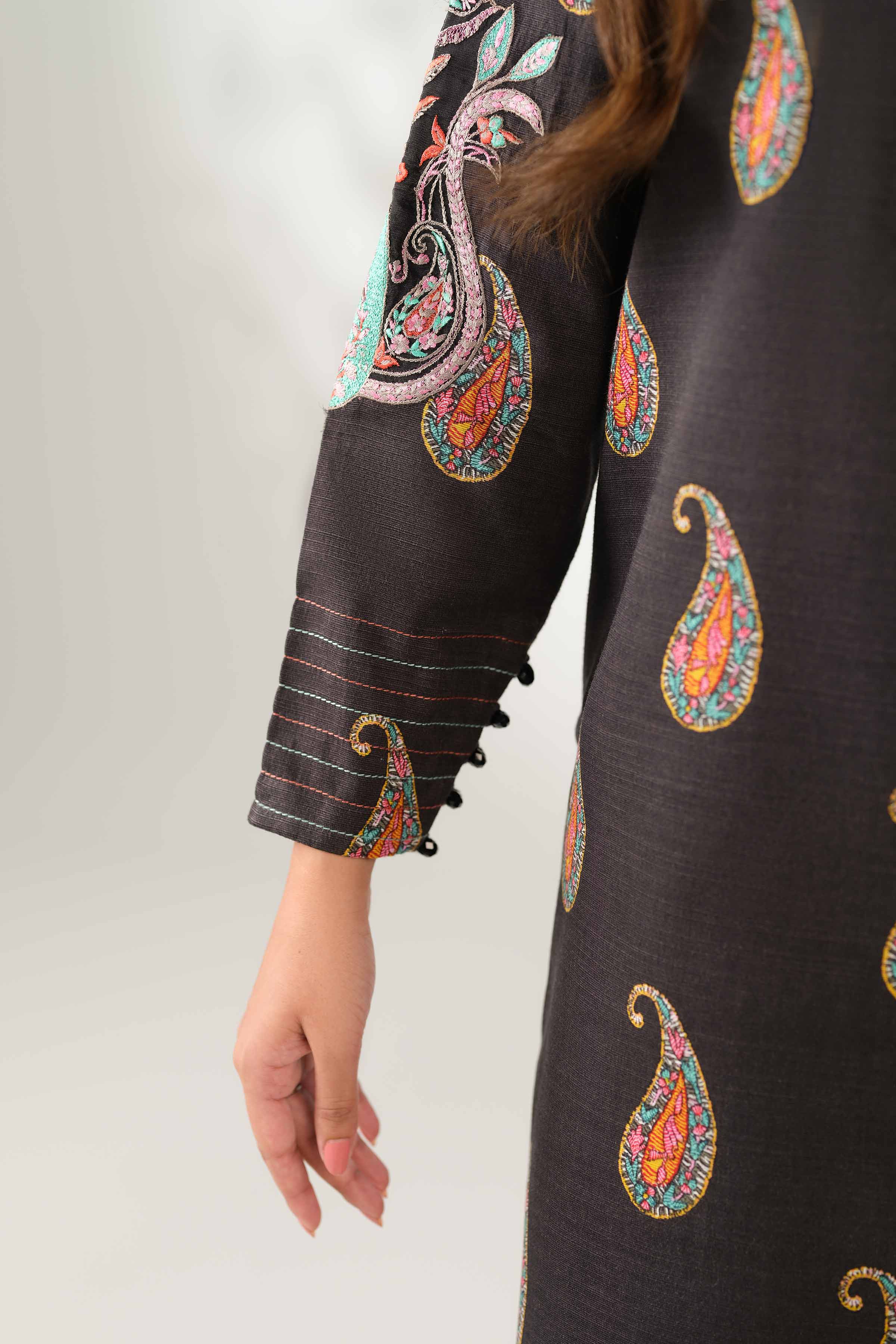 NISHATUAE - Black Embroidered Khaddar 3-piece Unstitched Suit
