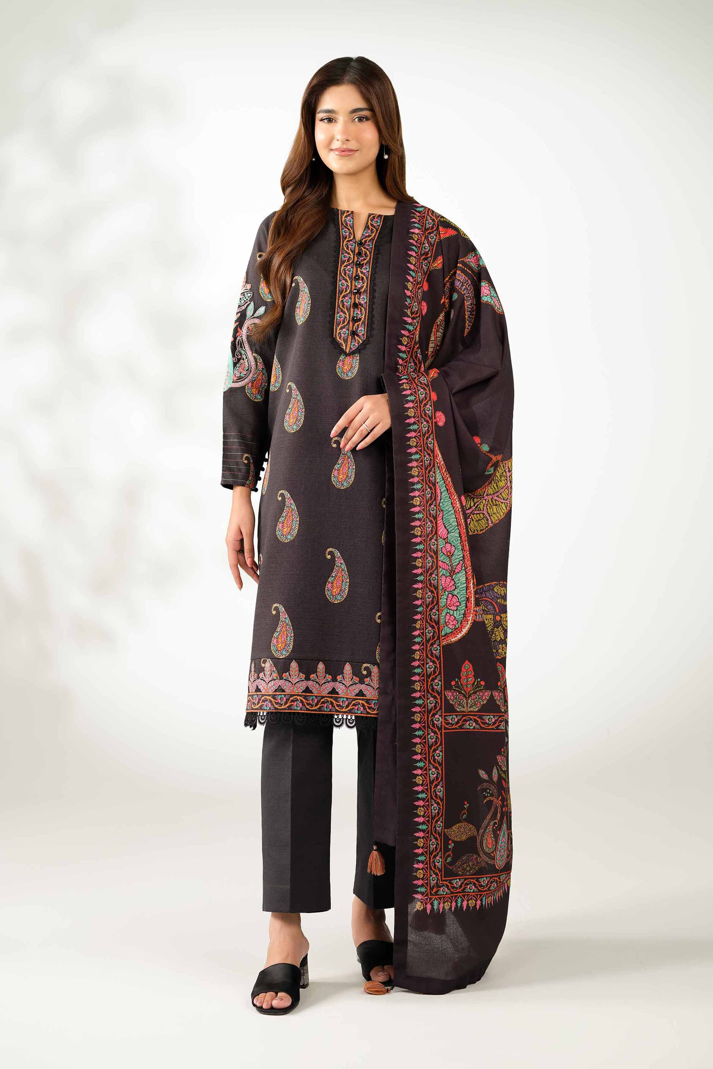 NISHATUAE - Black Embroidered Khaddar 3-piece Unstitched Suit