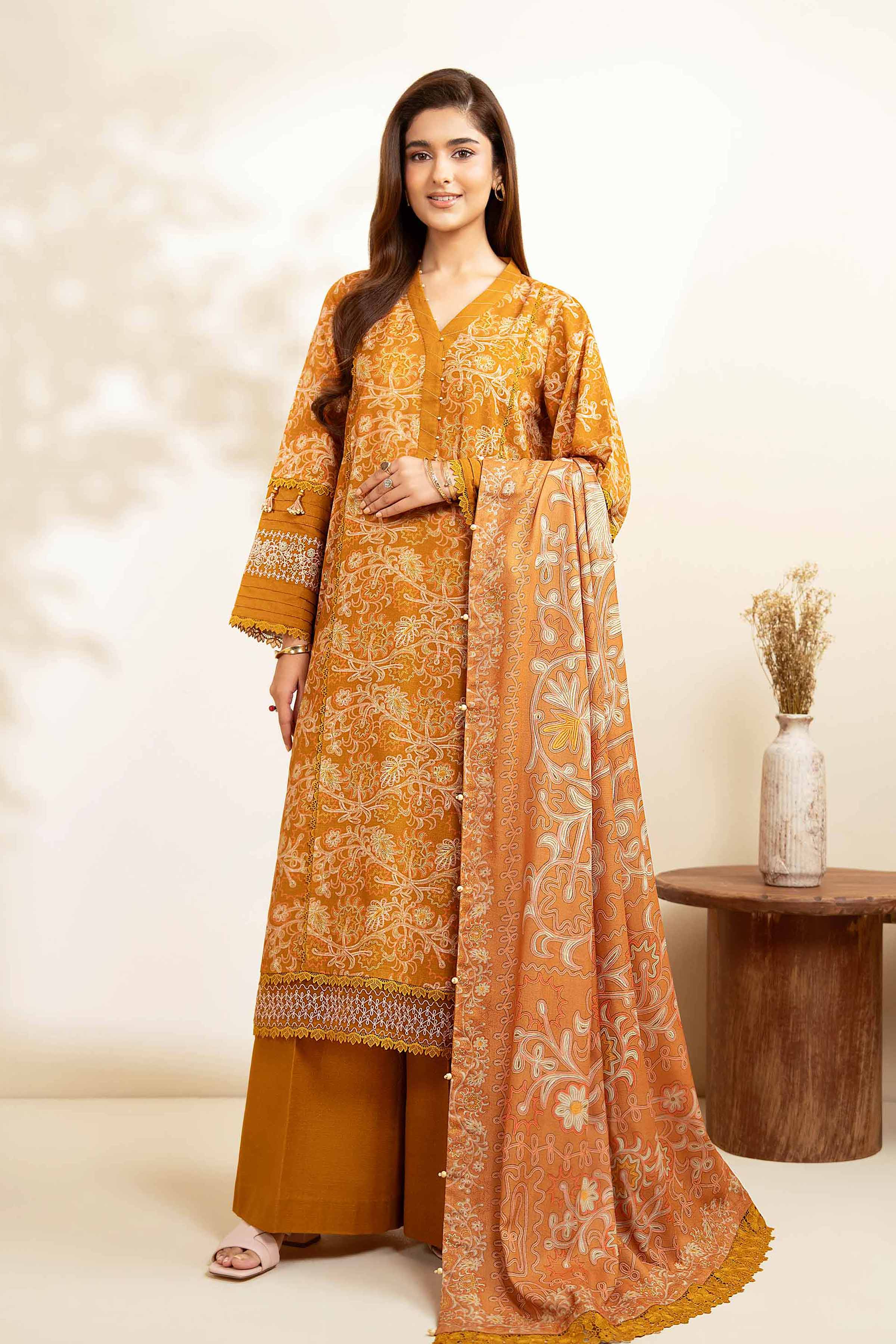 NISHATUAE - Brown Embroidered Khaddar 3-piece Unstitched Suit
