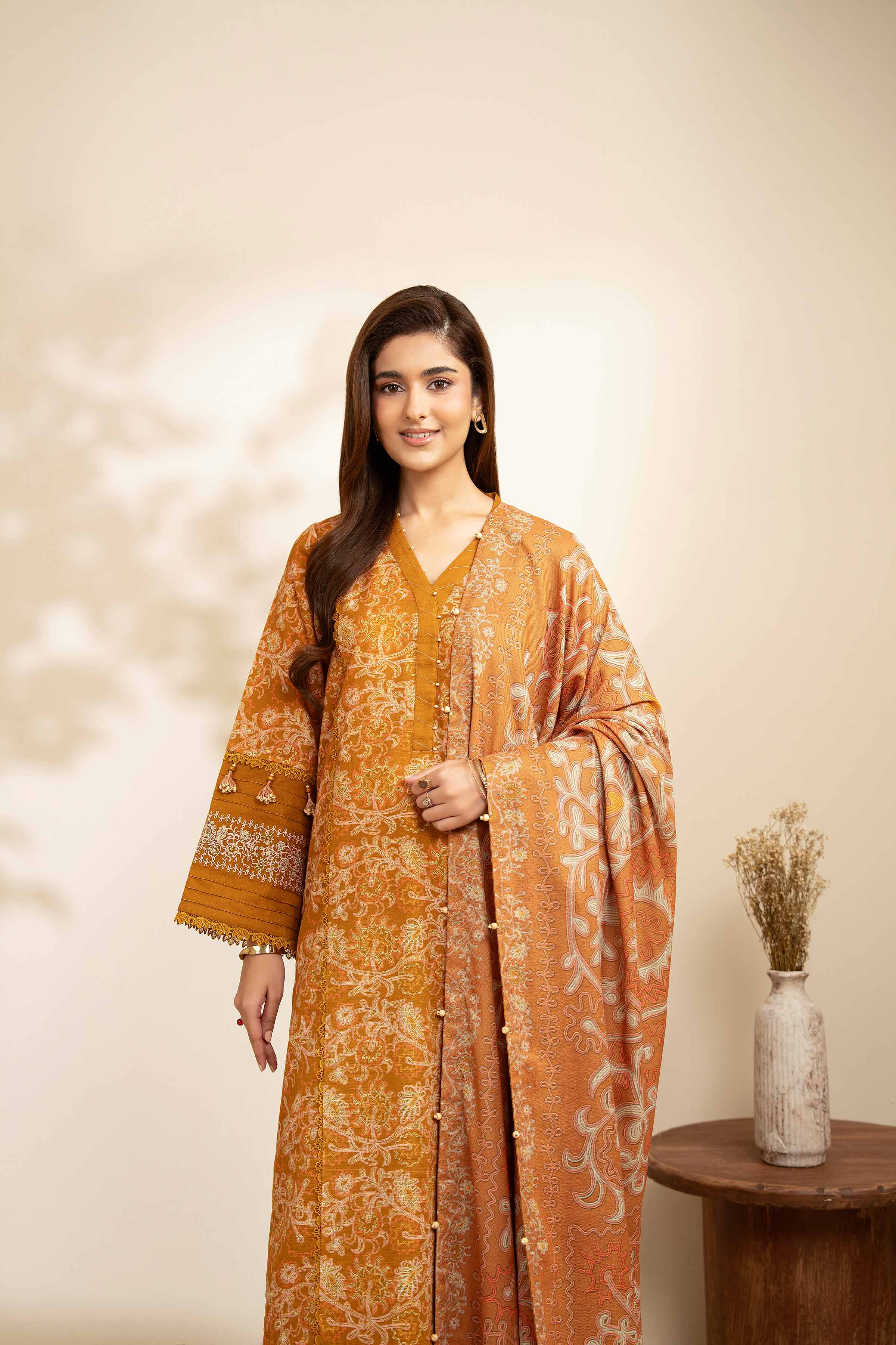 NISHATUAE - Brown Embroidered Khaddar 3-piece Unstitched Suit