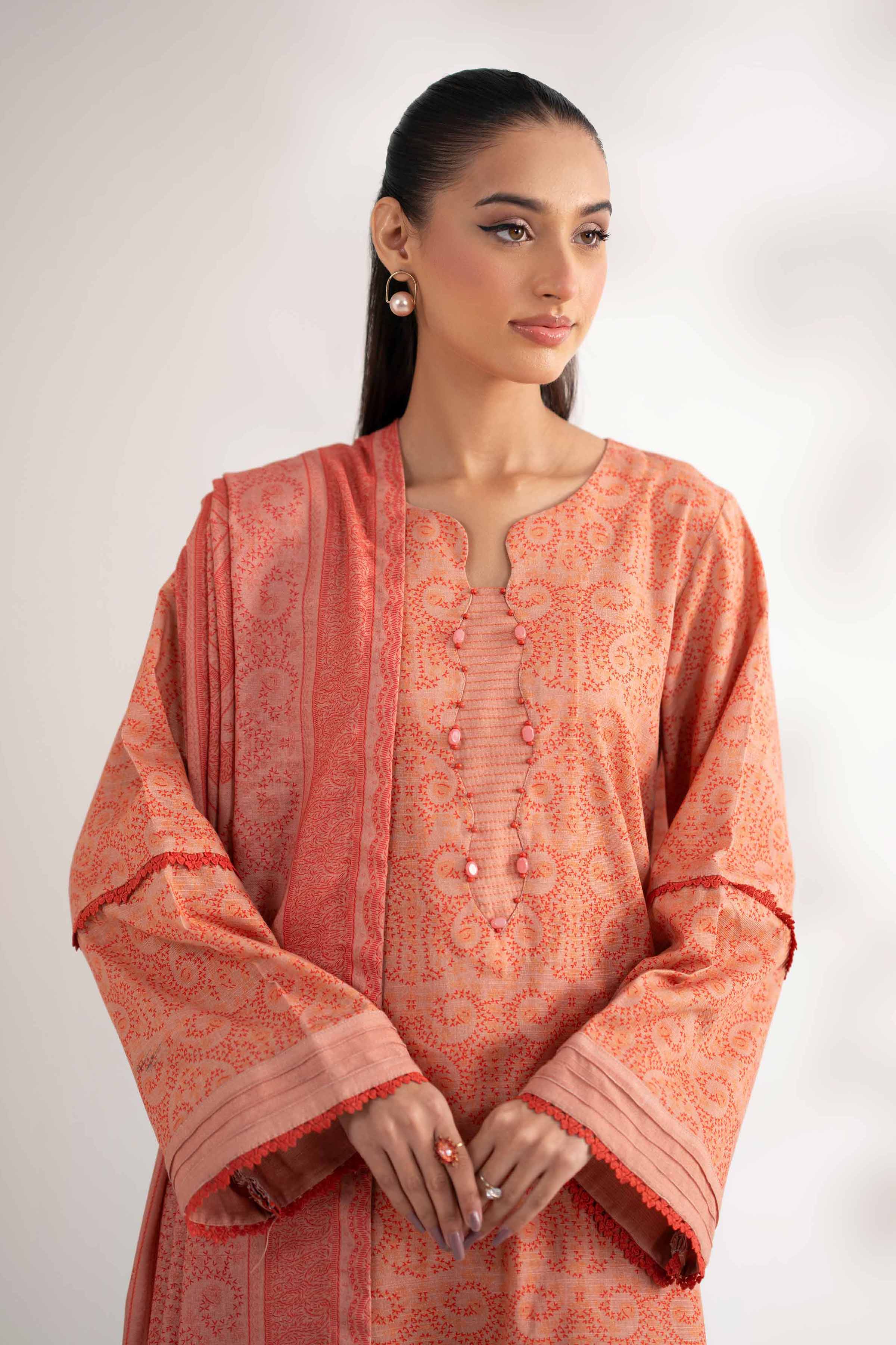 NISHATUAE - Peach Embroidered Khaddar 3-piece Unstitched Suit