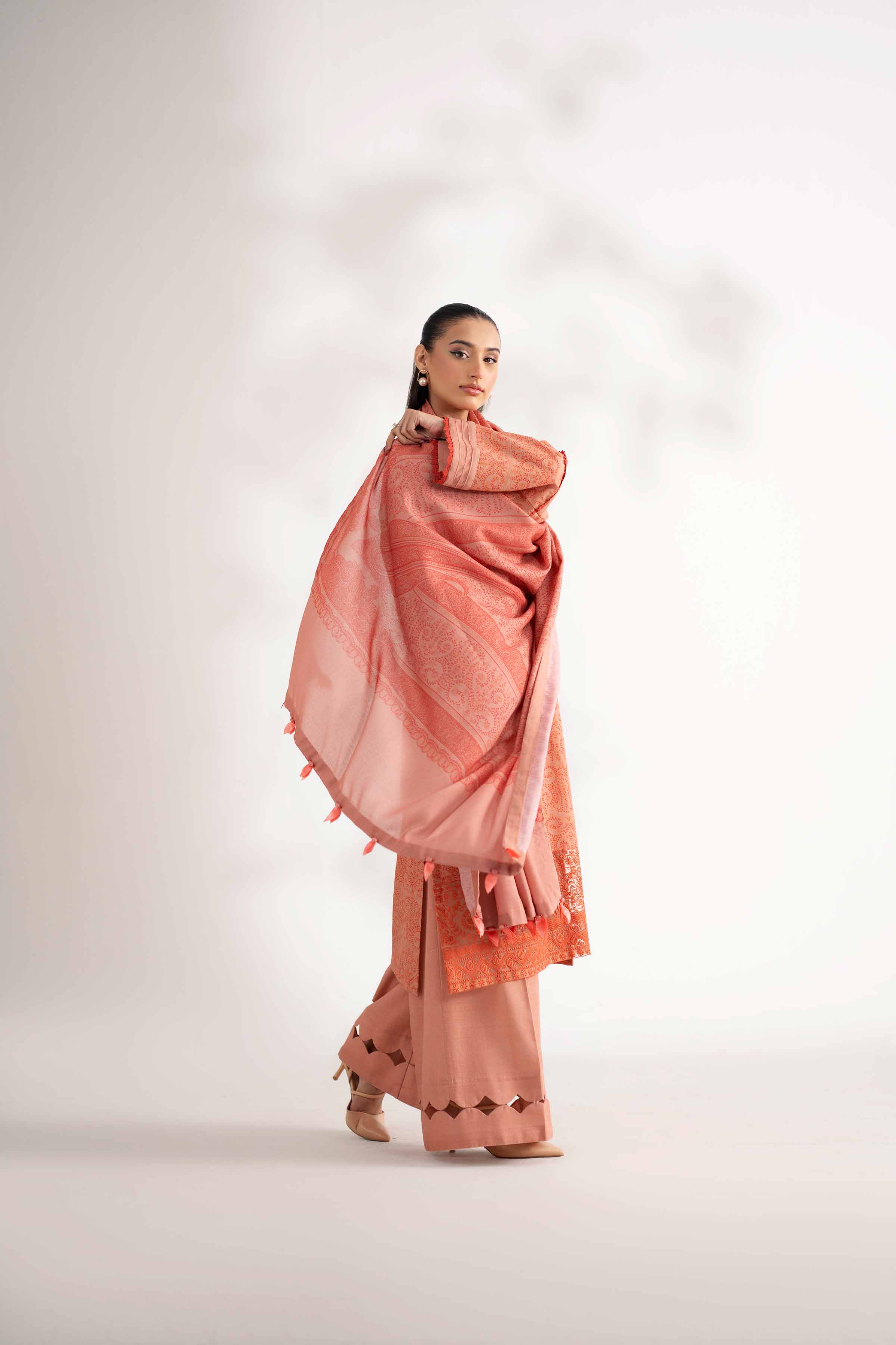 NISHATUAE - Peach Embroidered Khaddar 3-piece Unstitched Suit