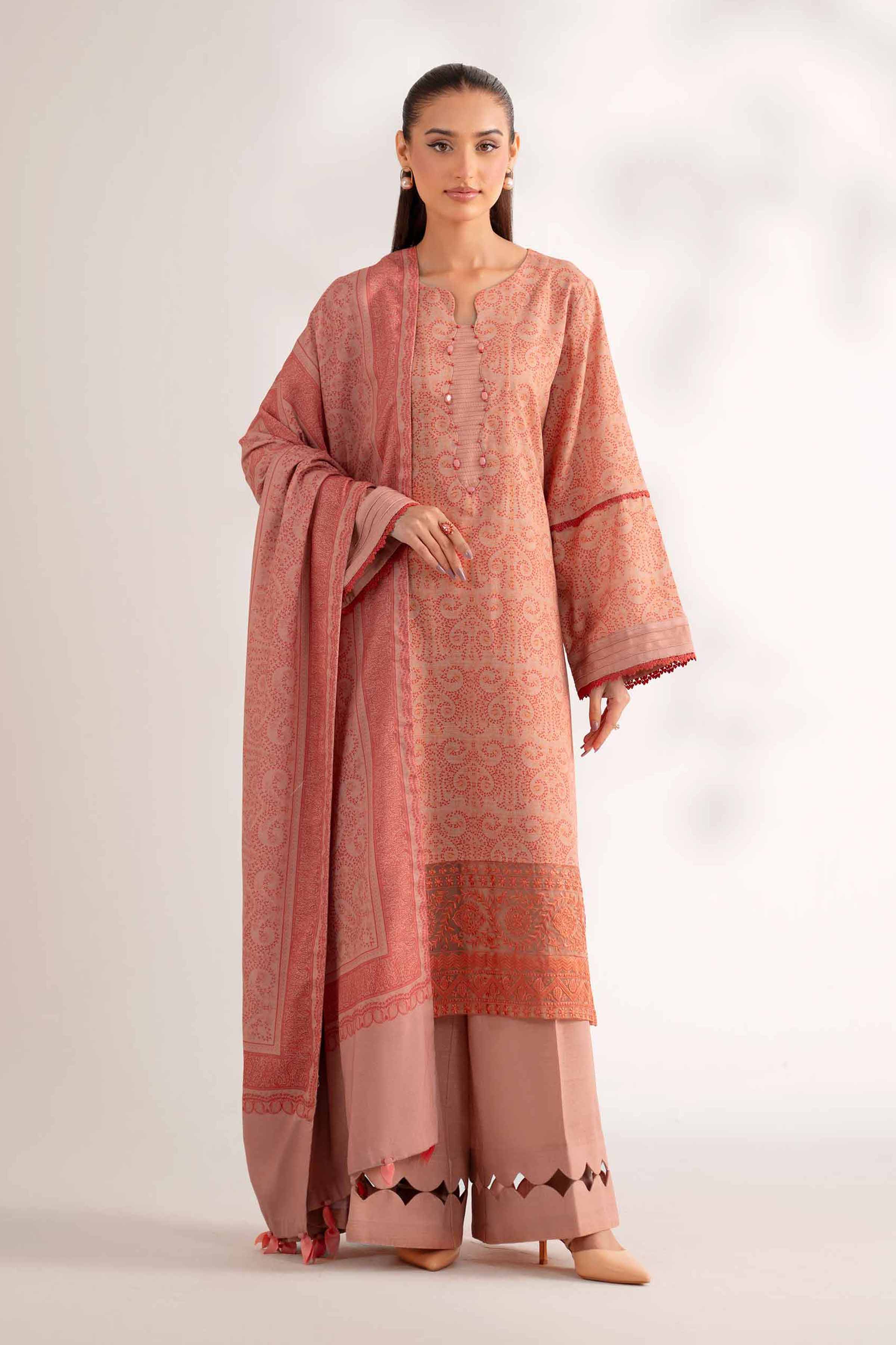 NISHATUAE - Peach Embroidered Khaddar 3-piece Unstitched Suit