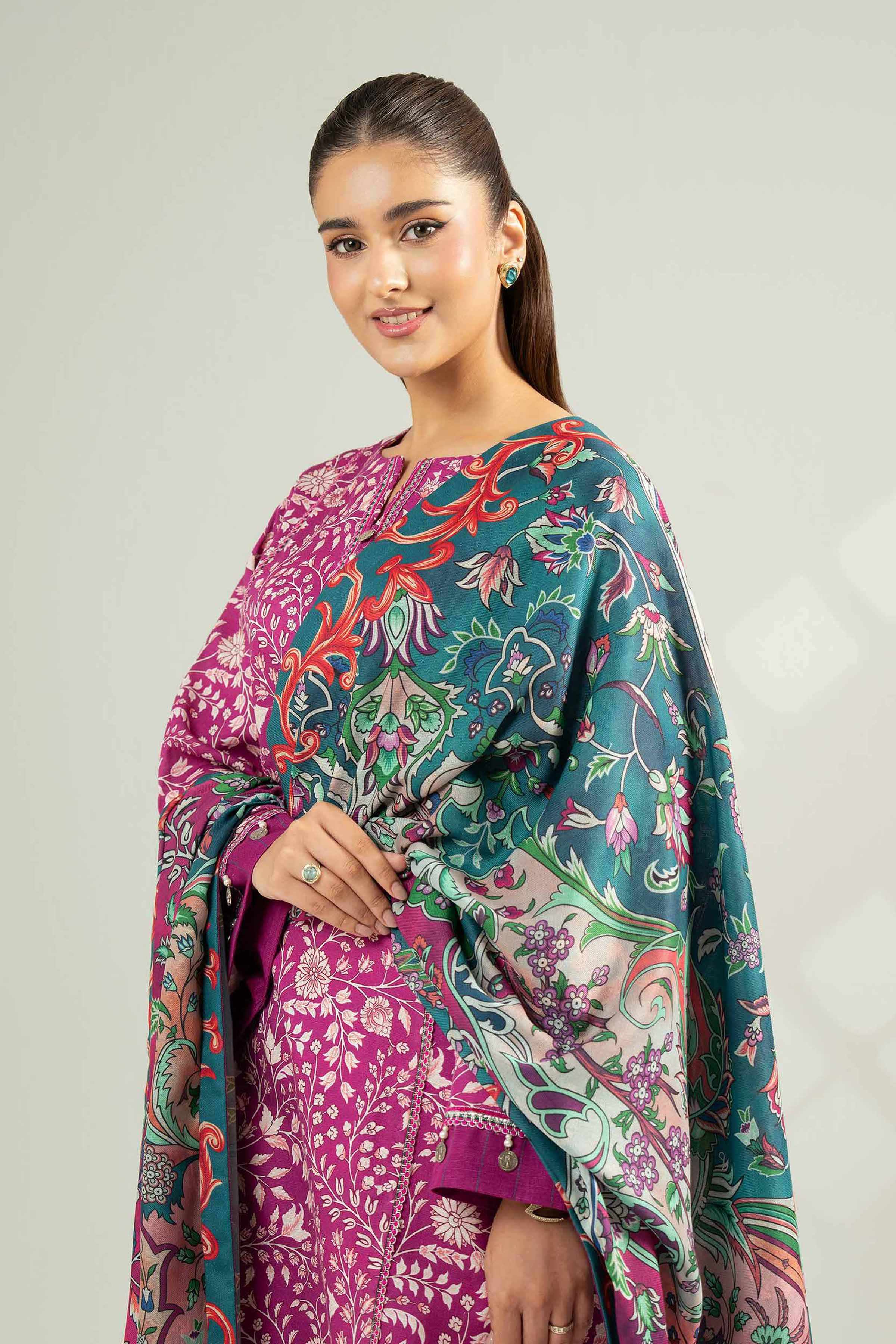 NISHATUAE - Maroon Printed Khaddar 3-piece Unstitched Suit