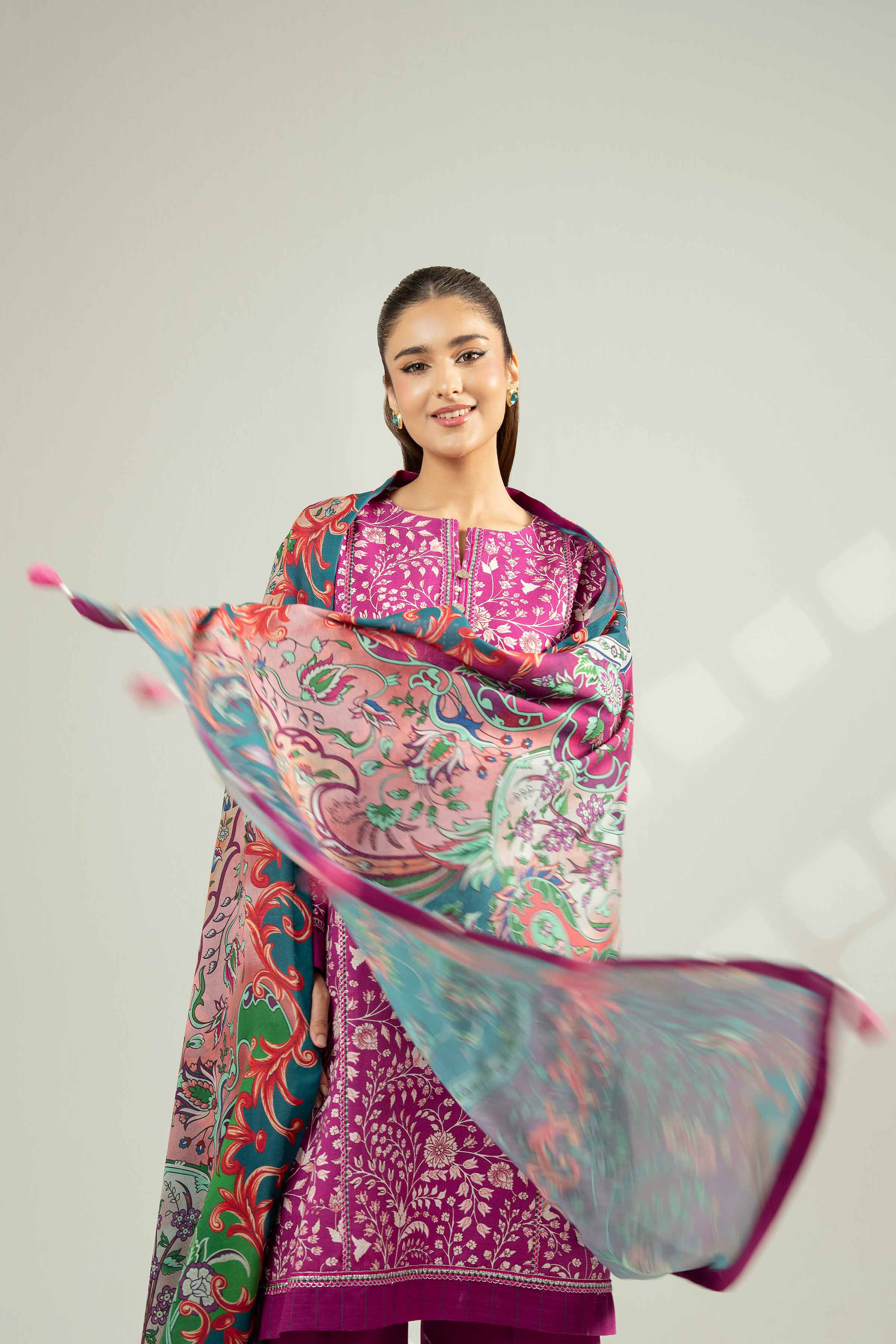 NISHATUAE - Maroon Printed Khaddar 3-piece Unstitched Suit