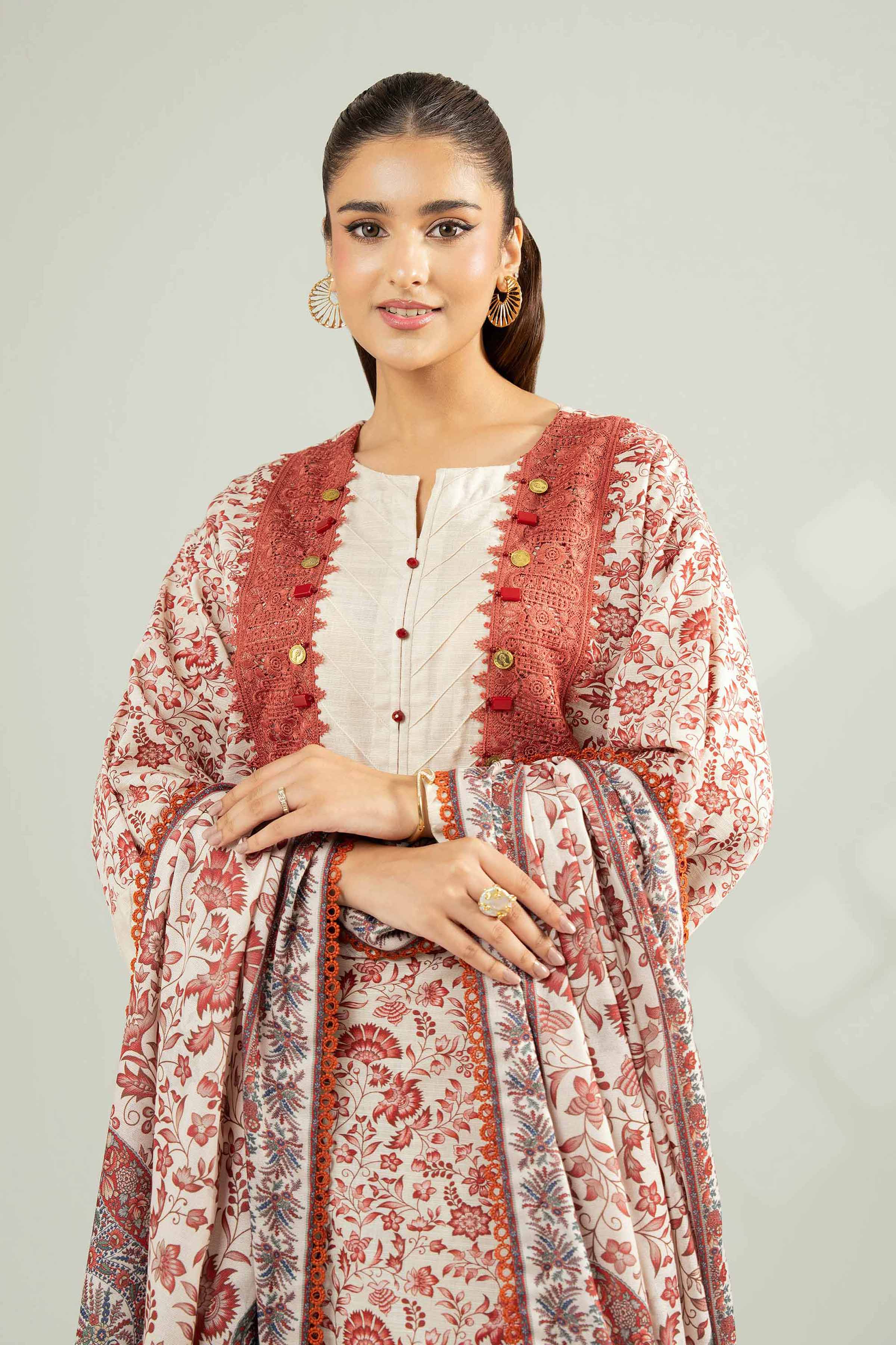 NISHATUAE - Beige Printed Khaddar 3-piece Unstitched Suit