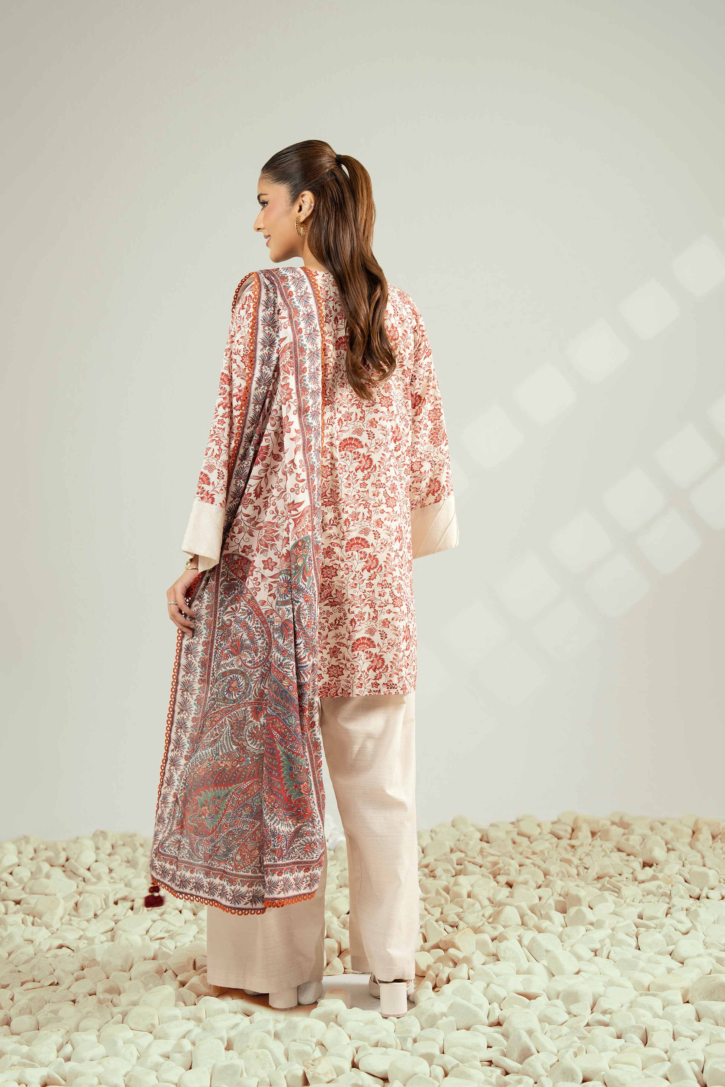 NISHATUAE - Beige Printed Khaddar 3-piece Unstitched Suit