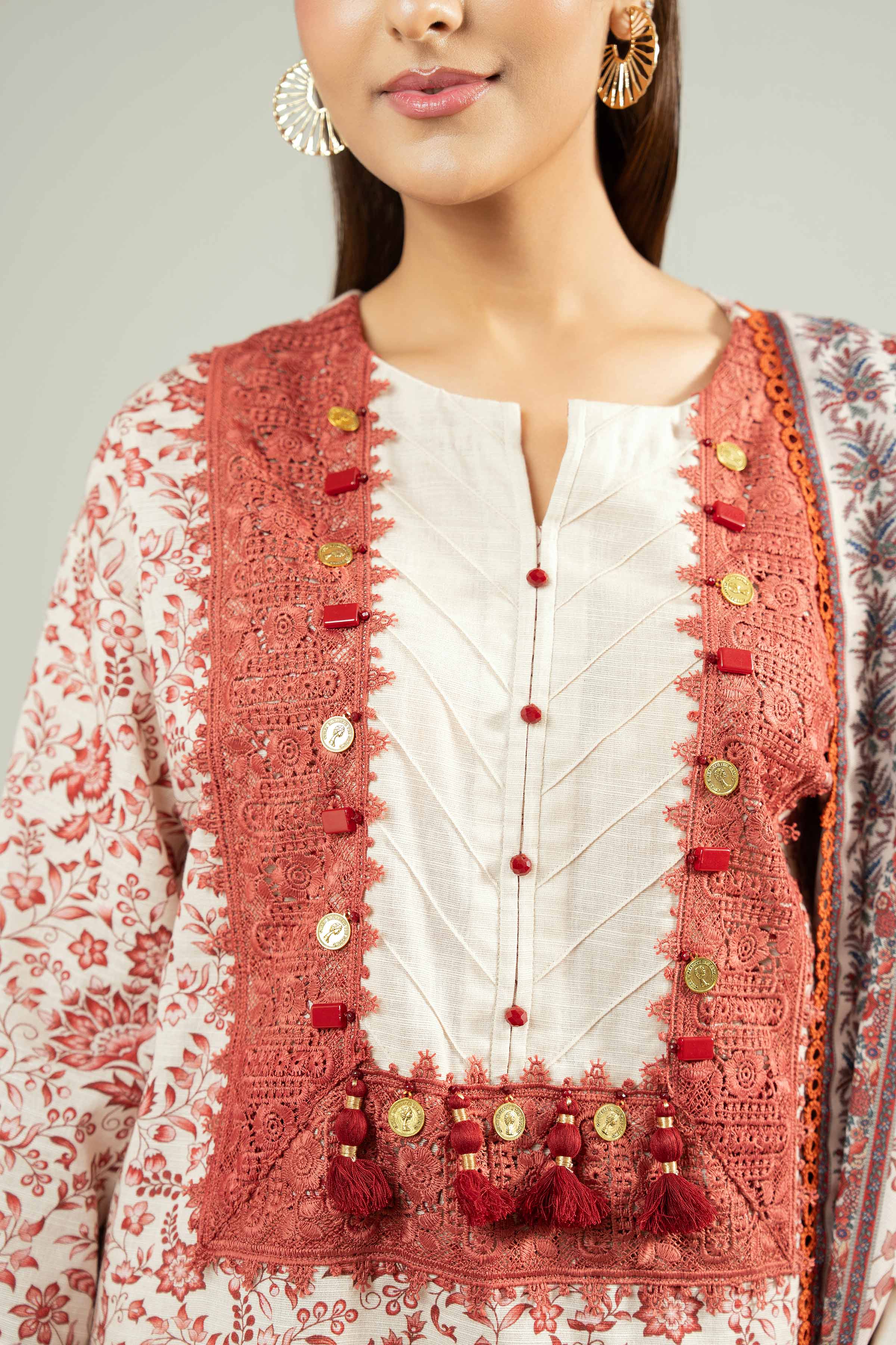 NISHATUAE - Beige Printed Khaddar 3-piece Unstitched Suit