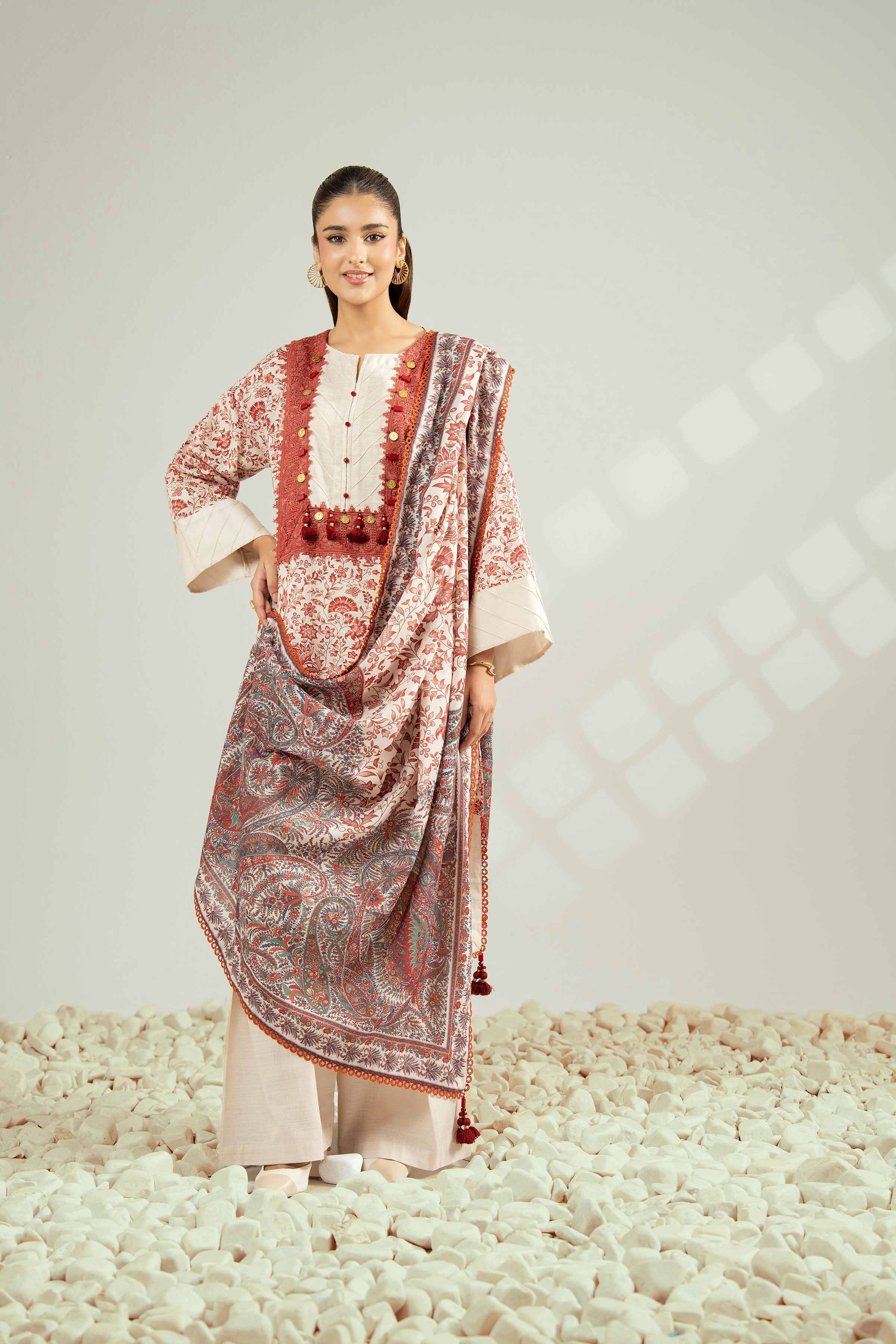 NISHATUAE - Beige Printed Khaddar 3-piece Unstitched Suit