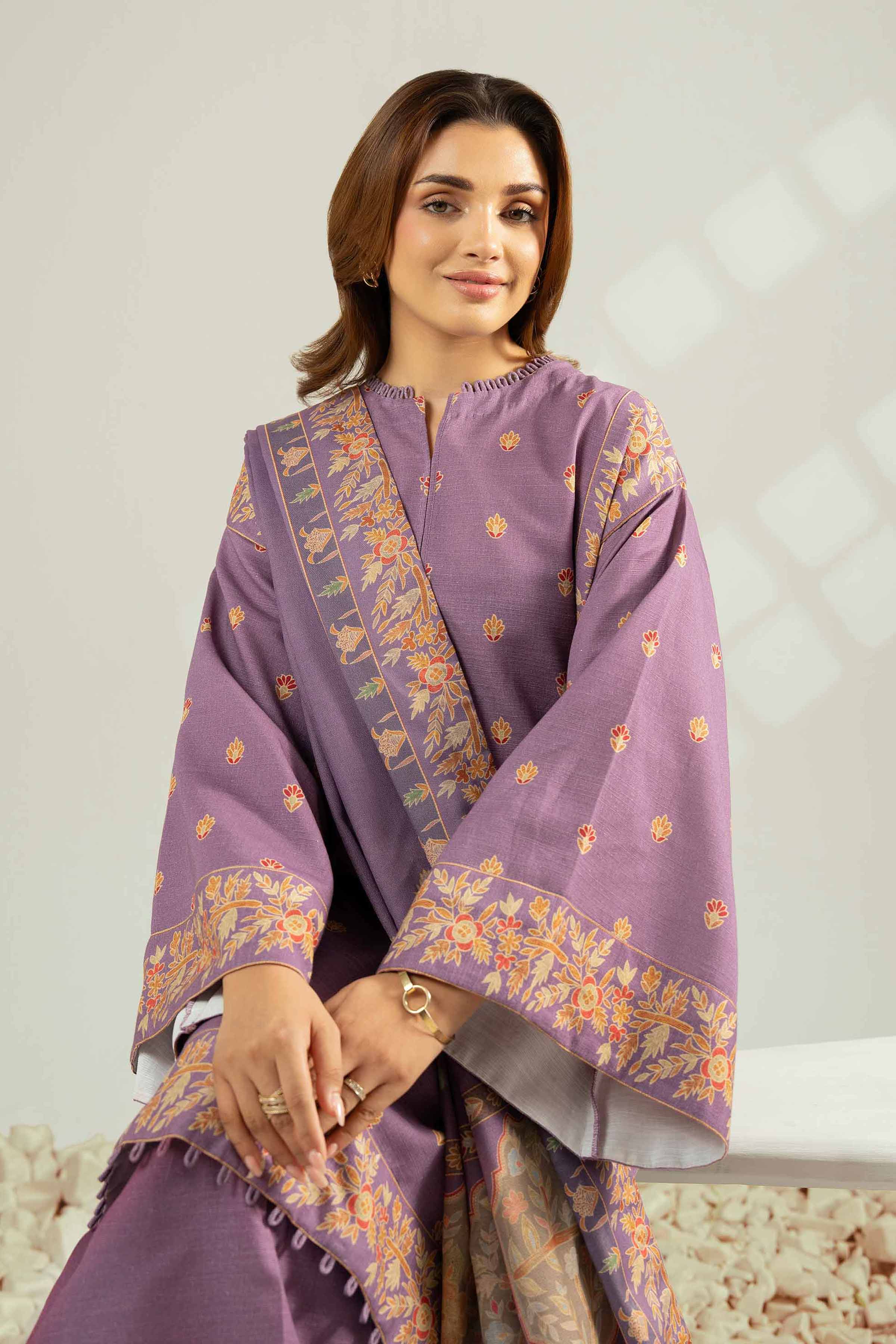 NISHATUAE - Purple Printed Khaddar 3-piece Unstitched Suit