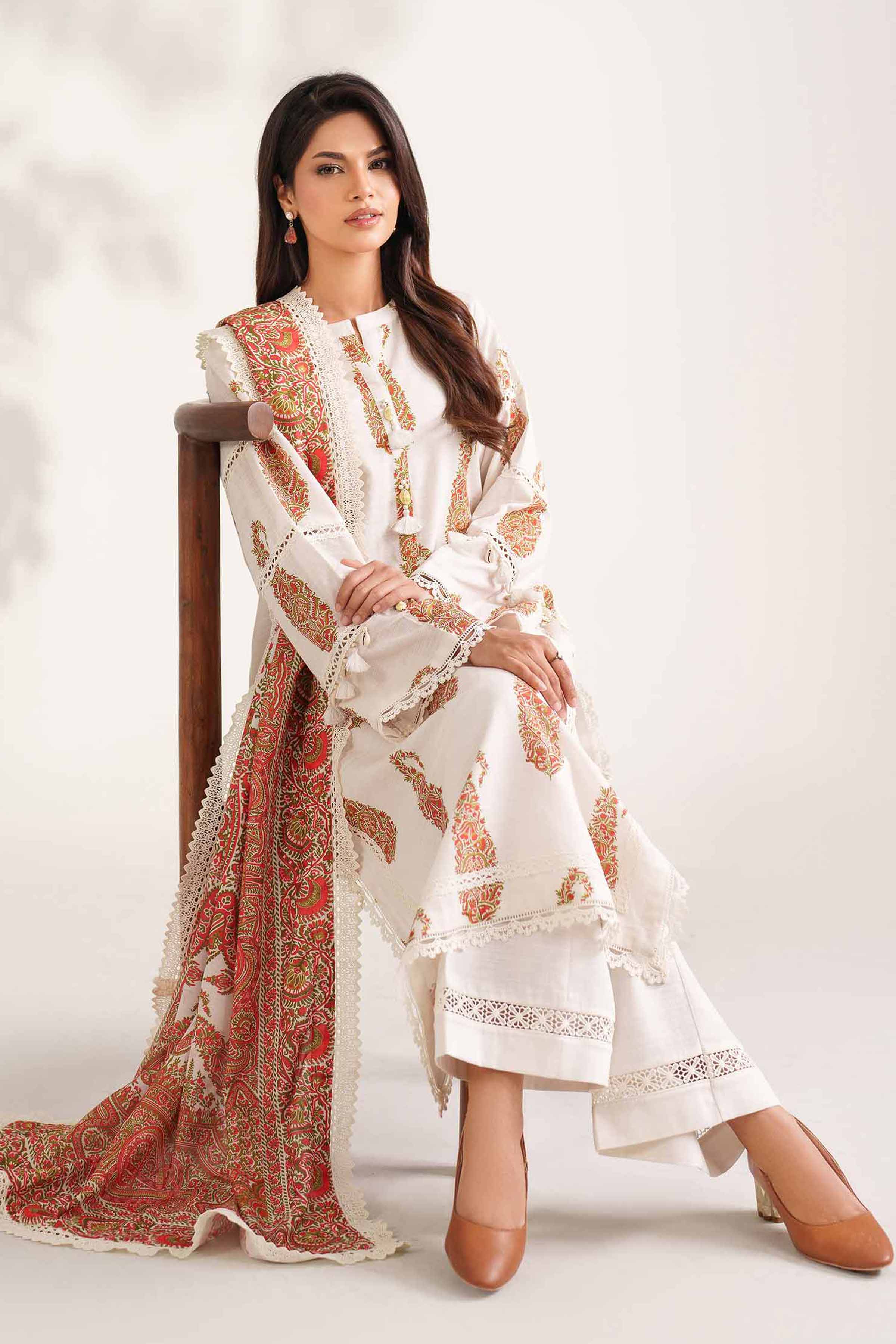 NISHATUAE - Off White Printed Khaddar 3-piece Unstitched Suit