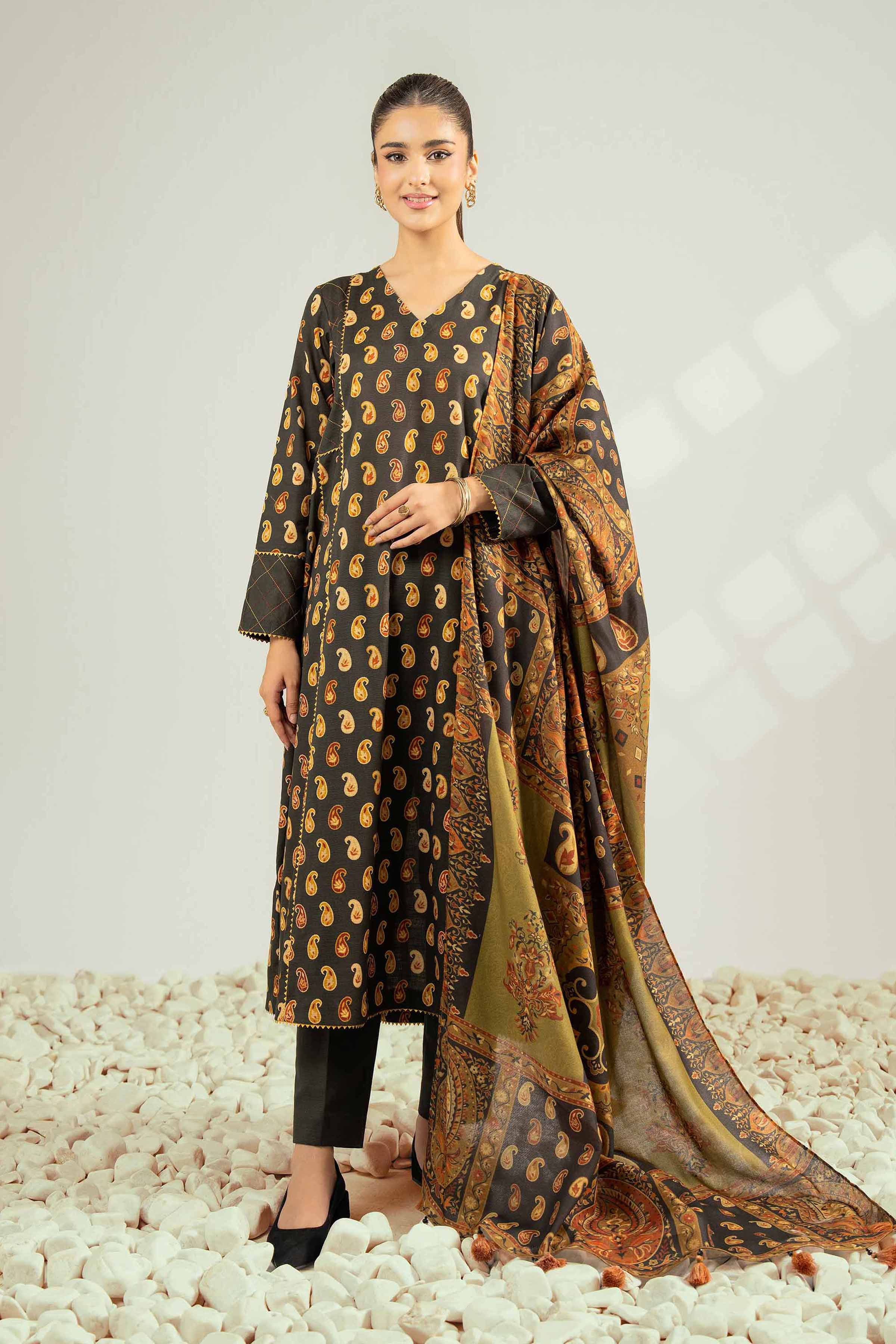 NISHATUAE - Black Printed Khaddar 3-piece Unstitched Suit