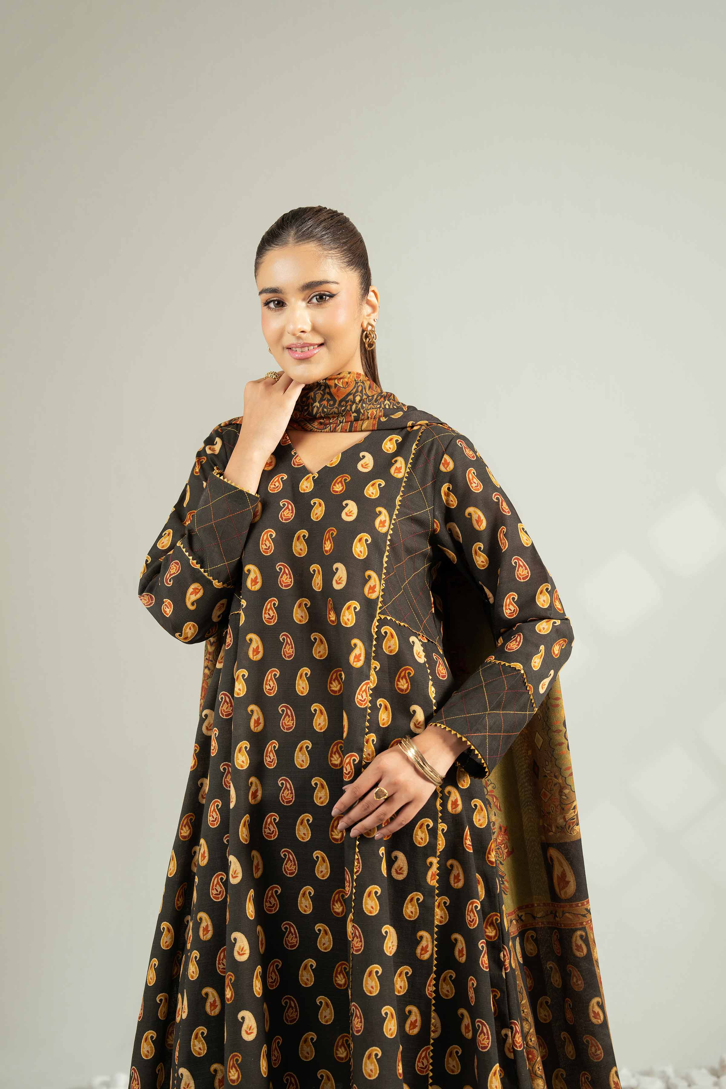 NISHATUAE - Black Printed Khaddar 3-piece Unstitched Suit