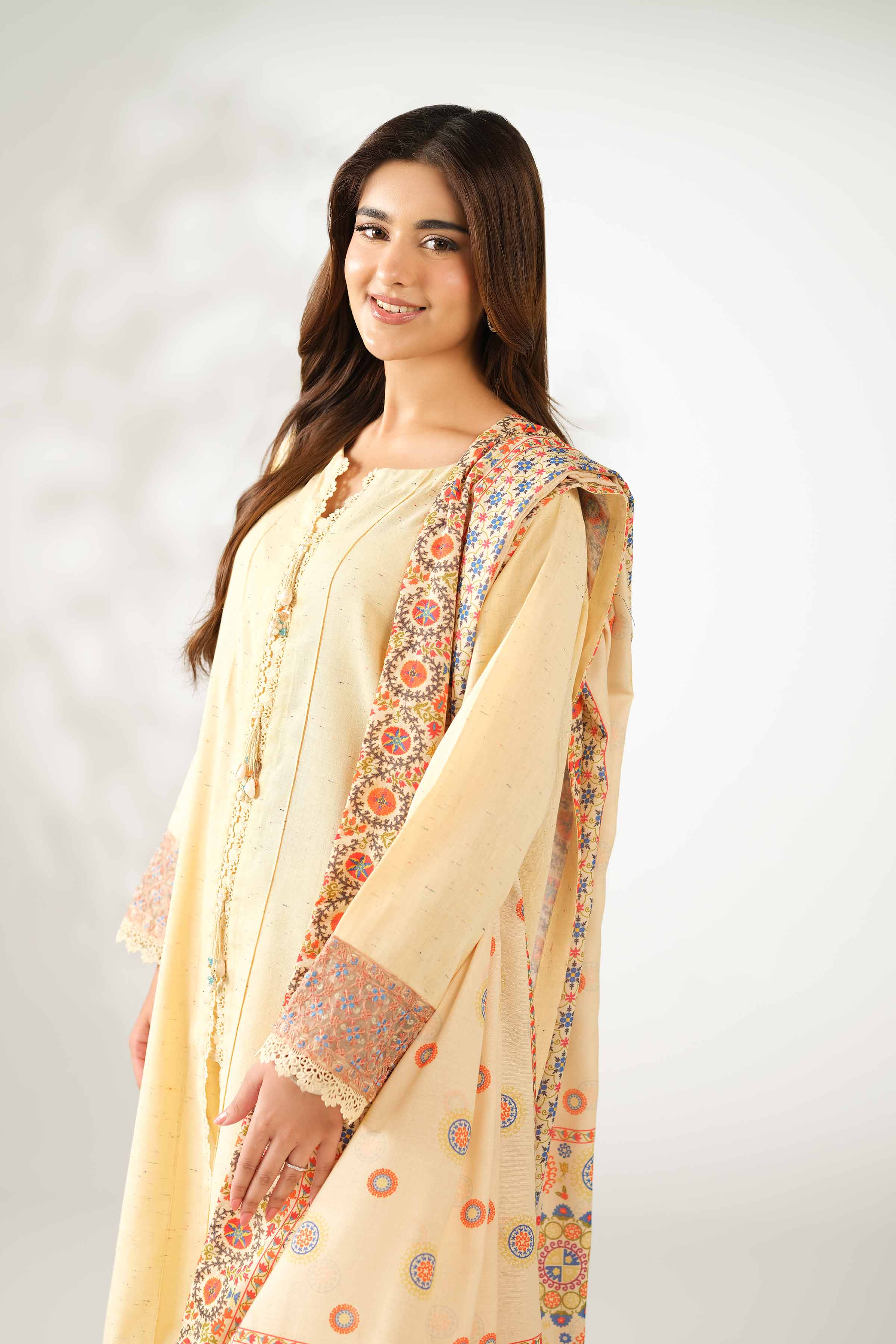 NISHATUAE - Yellow Embroidered Neps 3-piece Unstitched Suit