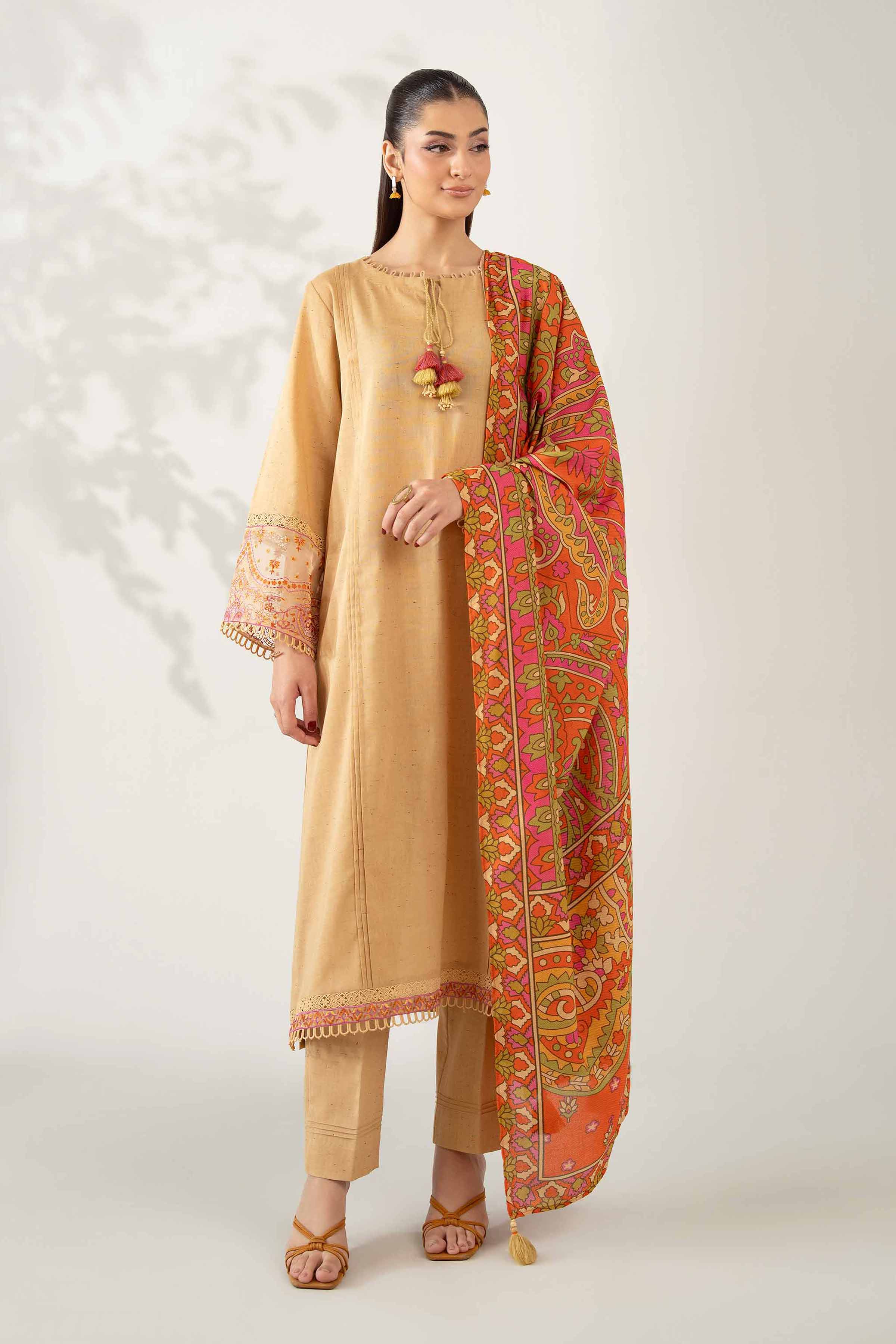 NISHATUAE - Beige Embroidered Neps 3-piece Unstitched Suit
