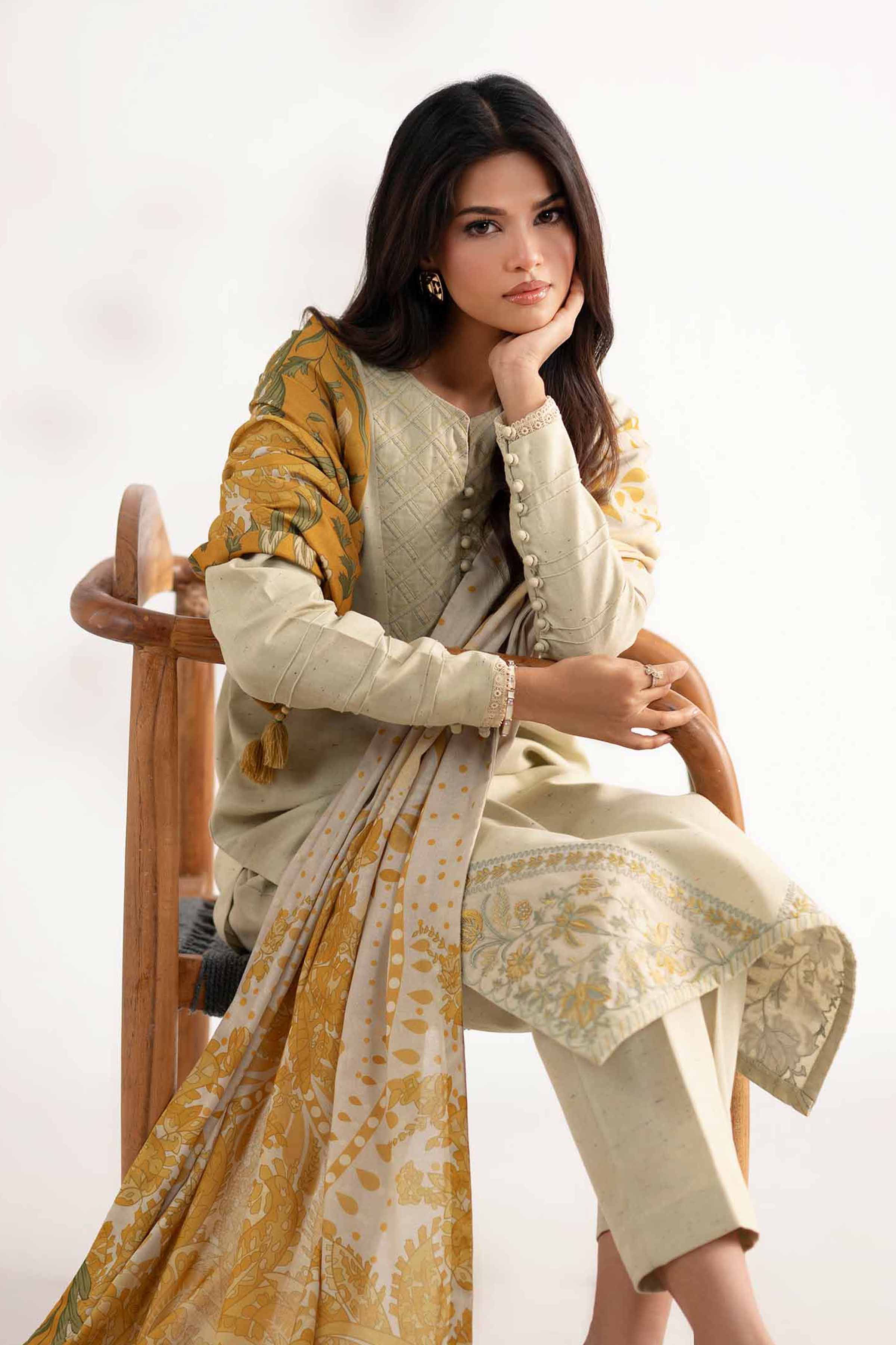 NISHATUAE - Yellow Embroidered Neps 3-piece Unstitched Suit