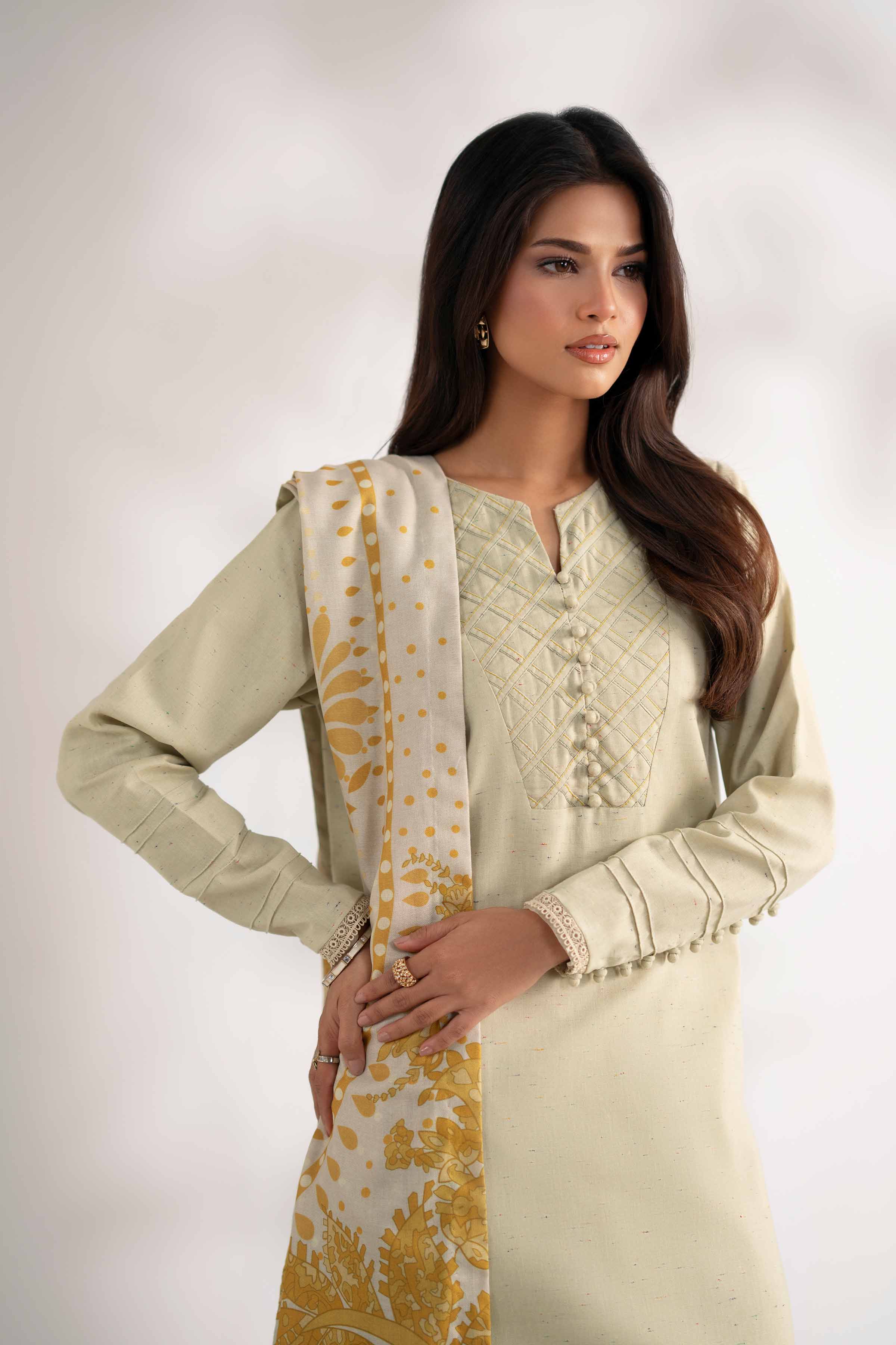 NISHATUAE - Yellow Embroidered Neps 3-piece Unstitched Suit