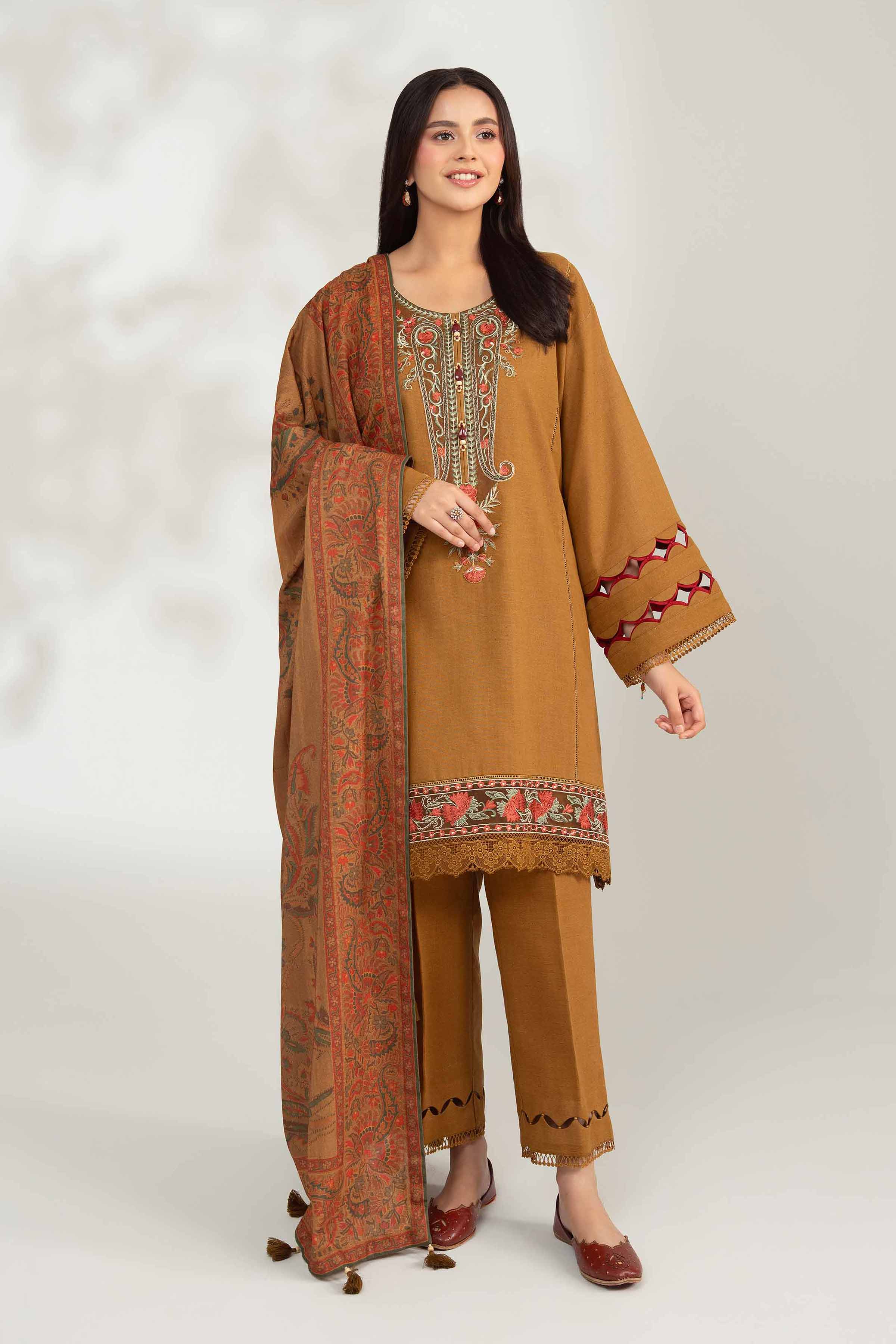 NISHATUAE - Brown Embroidered Neps 3-piece Unstitched Suit