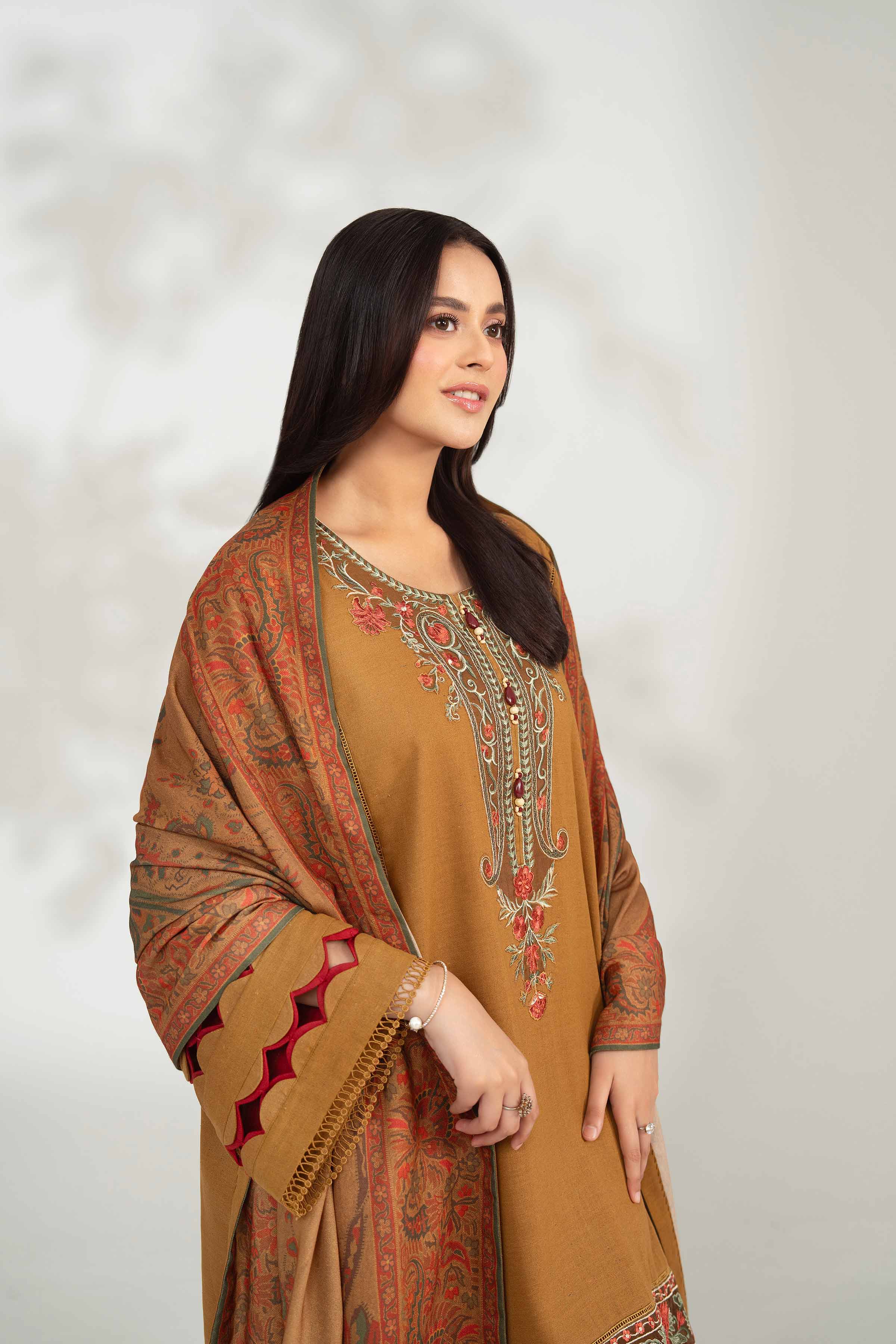 NISHATUAE - Brown Embroidered Neps 3-piece Unstitched Suit